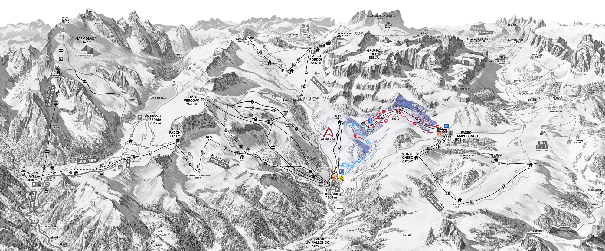 Pistenplan Arabba 2025/26 – Übersichtskarte mit Pisten, Liften und Bergbahnen