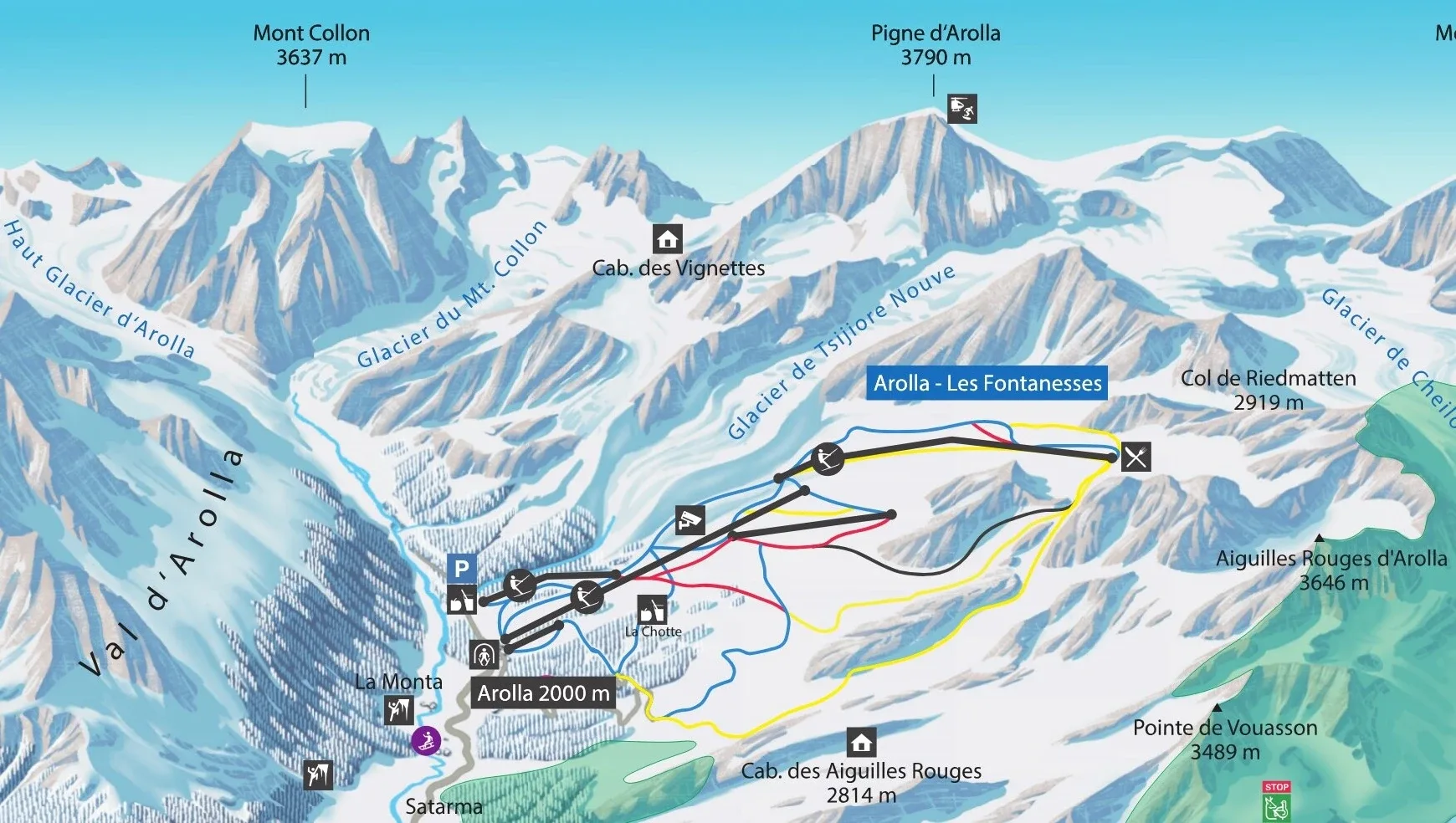 Pistenplan Arolla 2025/26 – Übersichtskarte mit Pisten, Liften und Bergbahnen