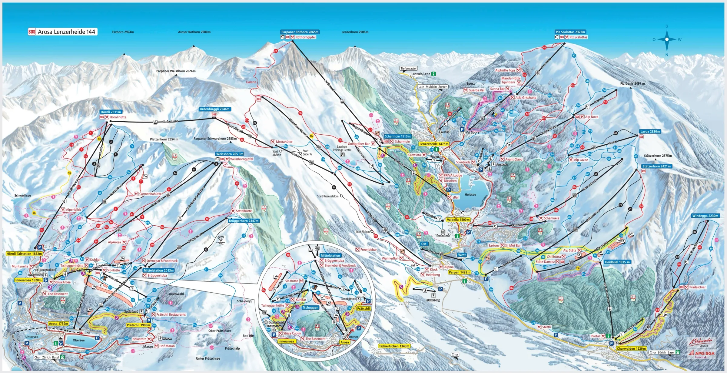 Pistenplan Arosa Lenzerheide 2025/26 – Übersichtskarte mit Pisten, Liften und Bergbahnen