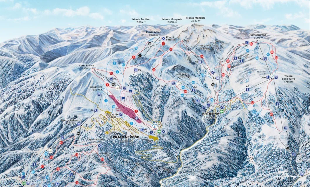 Pistenplan Artesina 2025/26 – Übersichtskarte mit Pisten, Liften und Bergbahnen