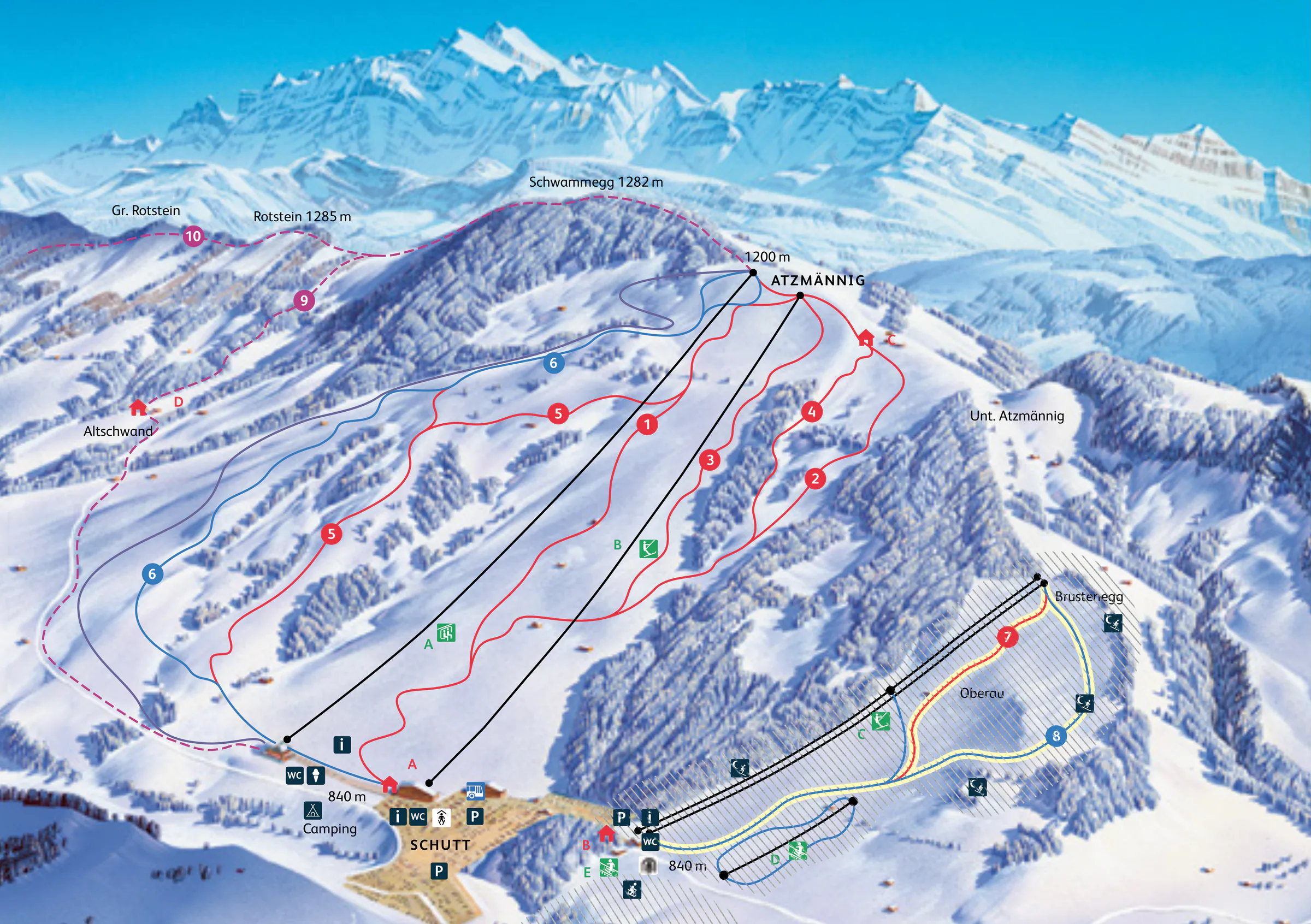 Pistenplan Atzmännig 2025/26 – Übersichtskarte mit Pisten, Liften und Bergbahnen
