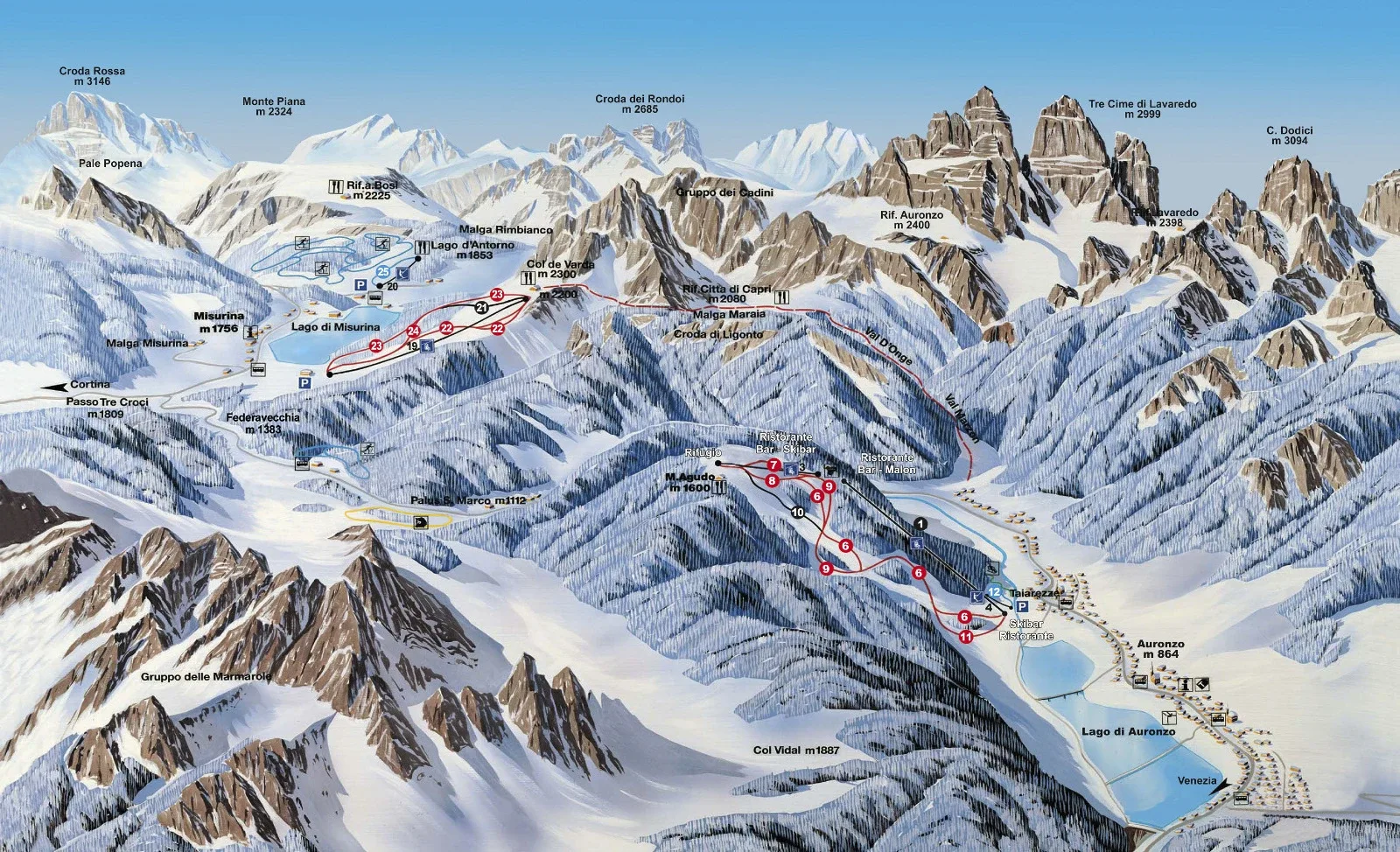 Pistenplan Auronzo di Cadore 2025/26 – Übersichtskarte mit Pisten, Liften und Bergbahnen