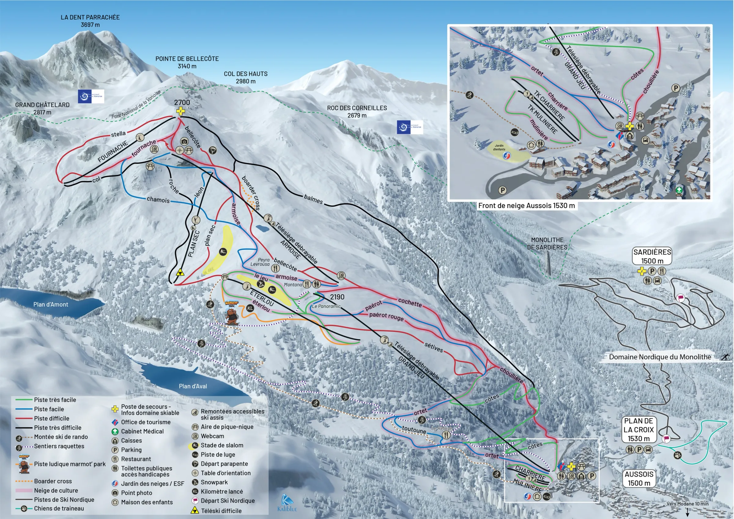 Pistenplan Aussois 2025/26 – Übersichtskarte mit Pisten, Liften und Bergbahnen