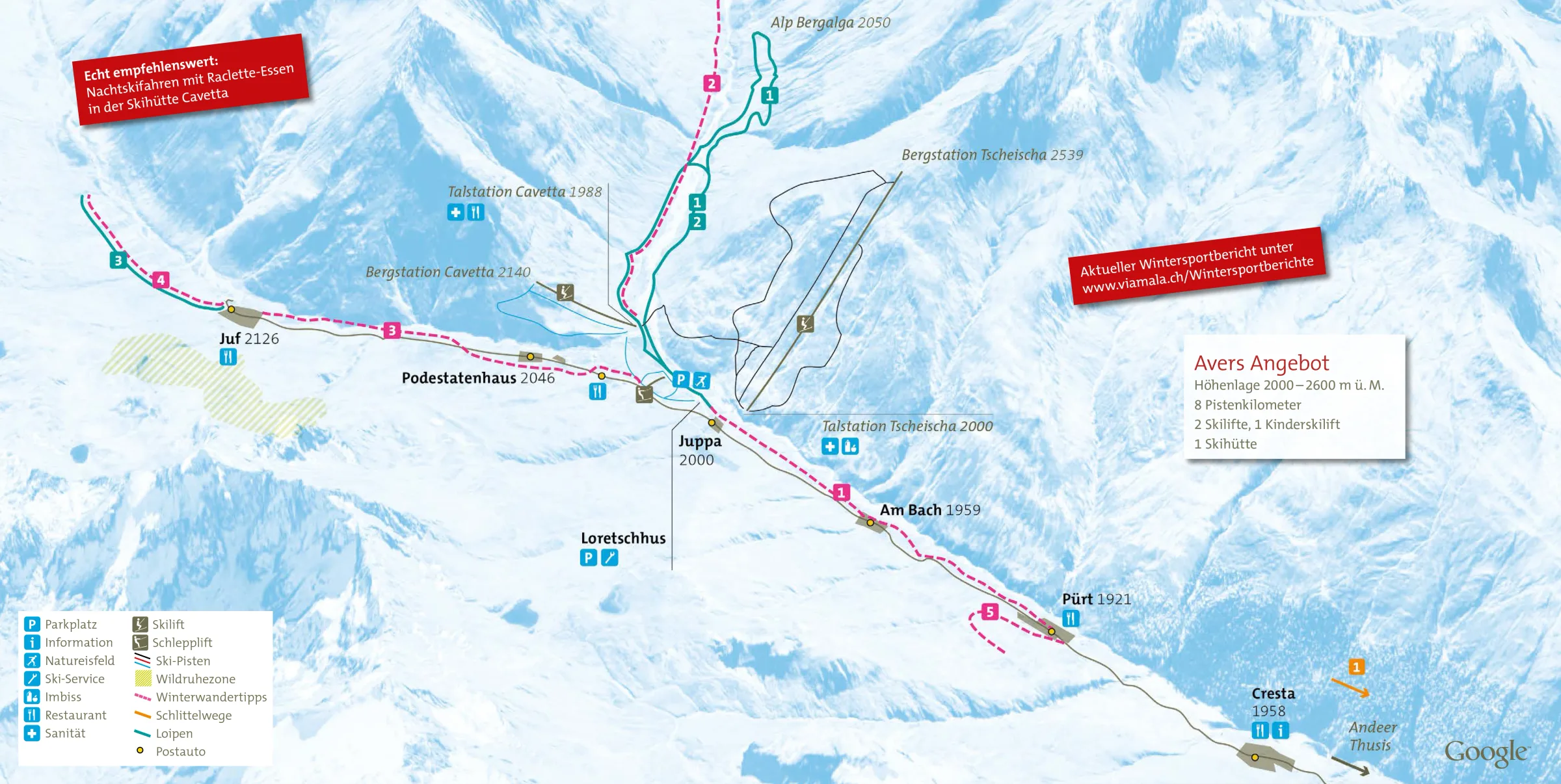 Pistenplan Avers 2025/26 – Übersichtskarte mit Pisten, Liften und Bergbahnen