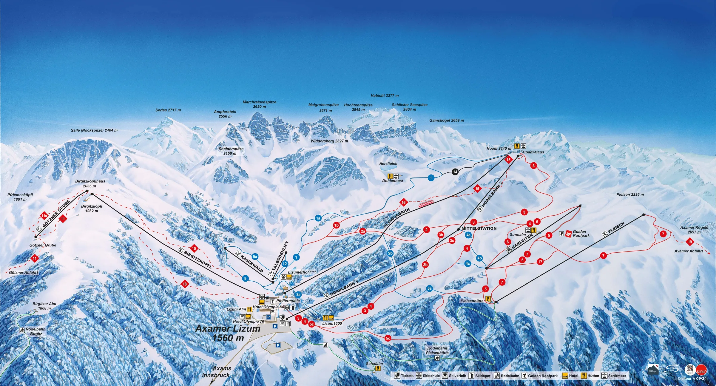 Pistenplan Axamer Lizum 2025/26 – Übersichtskarte mit Pisten, Liften und Bergbahnen