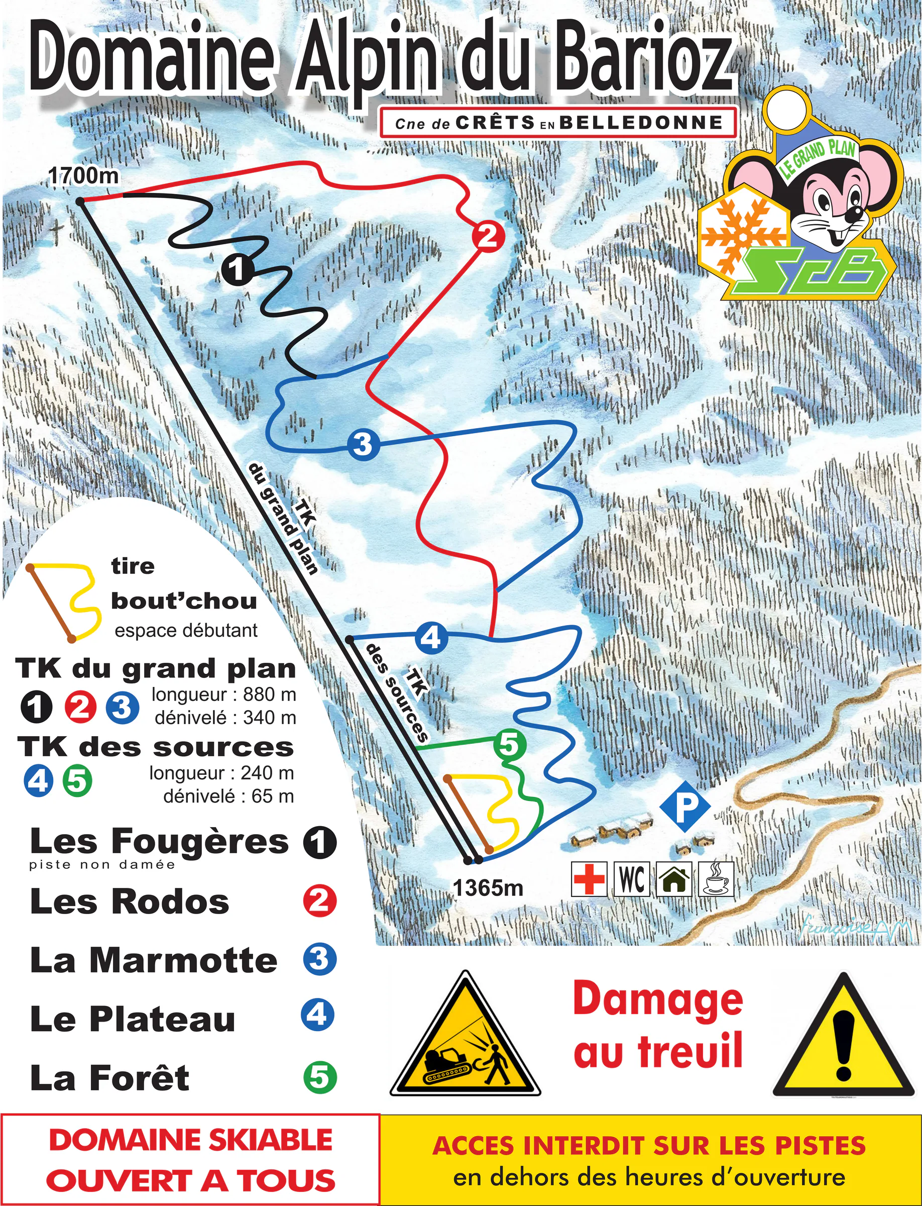 Pistenplan Stade des Neiges du Barioz 2025/26 – Übersichtskarte mit Pisten, Liften und Bergbahnen