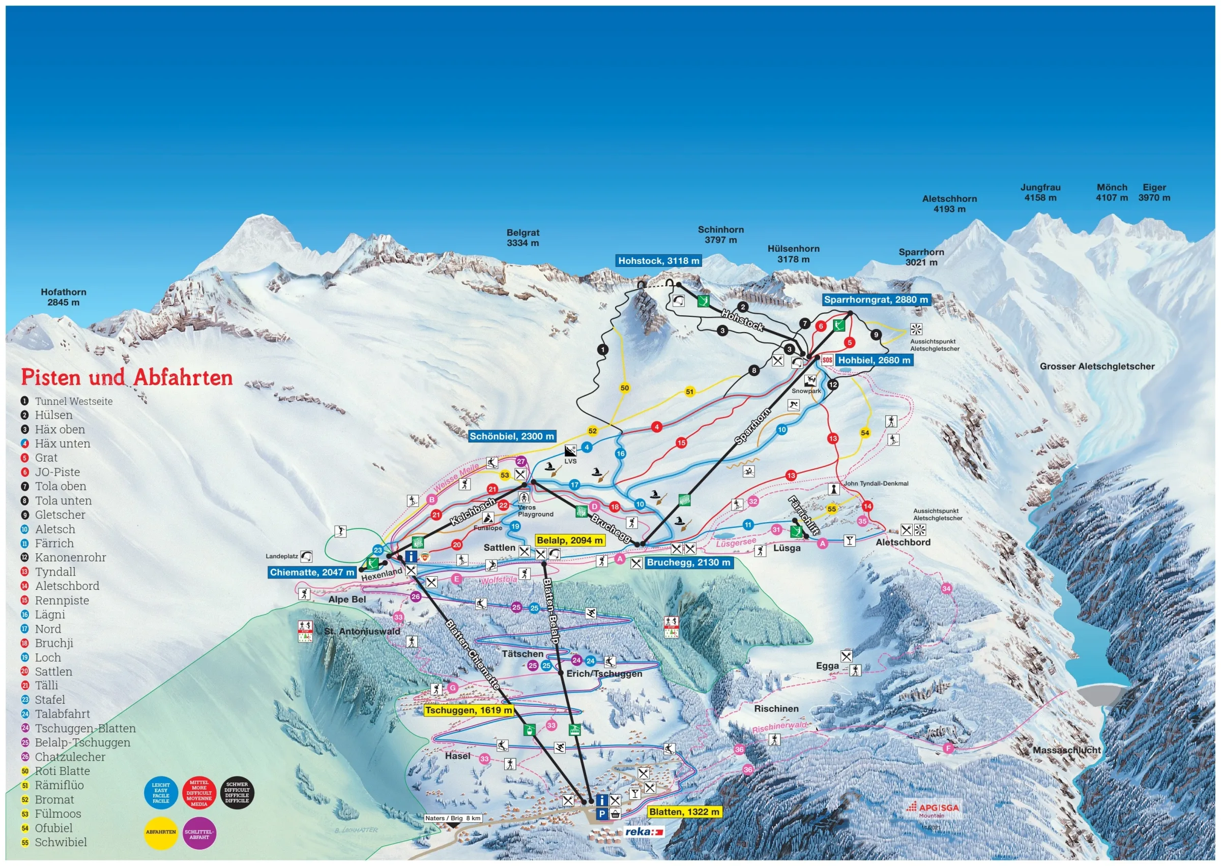 Pistenplan Belalp 2025/26 – Übersichtskarte mit Pisten, Liften und Bergbahnen