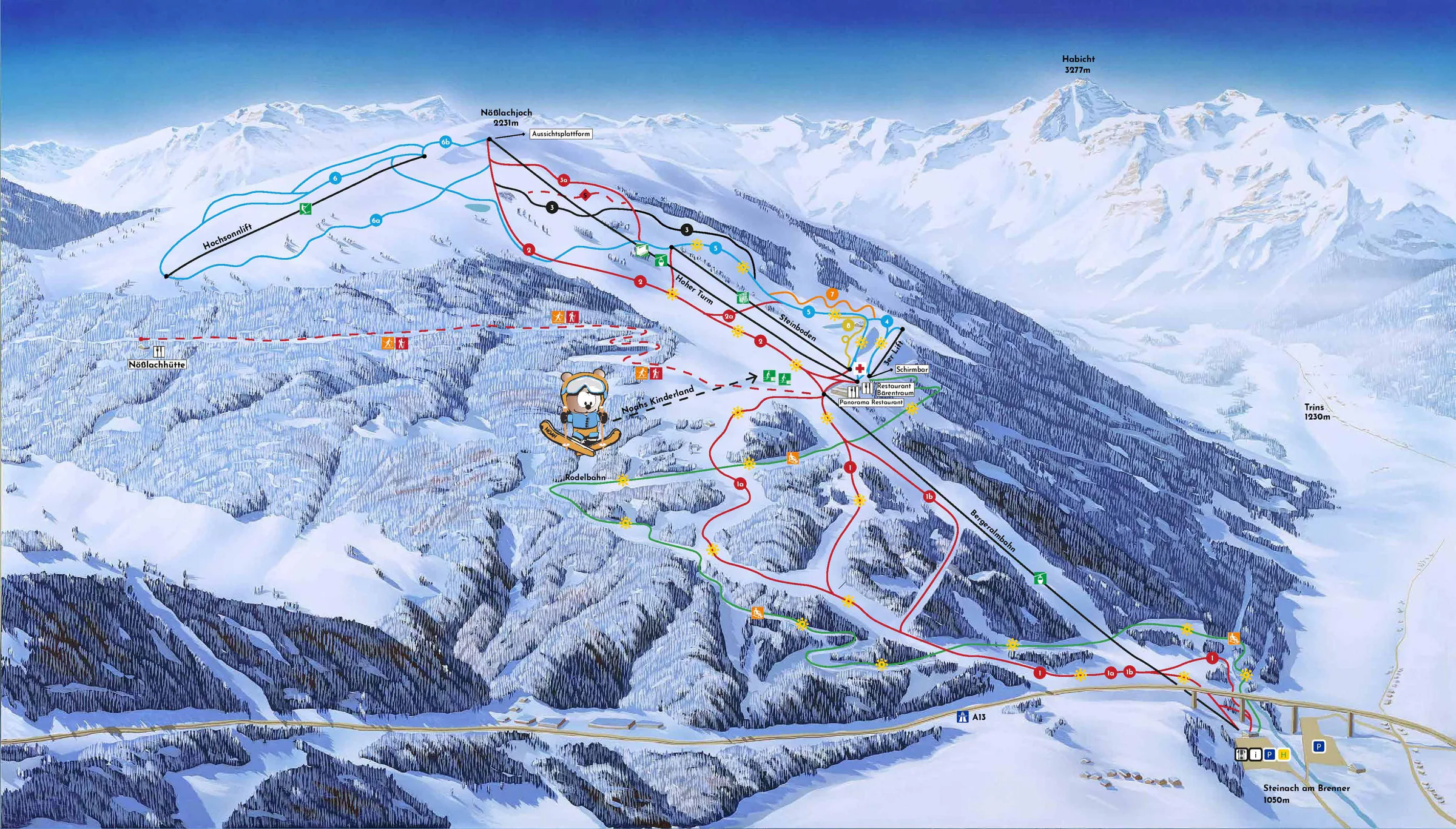 Pistenplan Bergeralm (Steinach am Brenner) 2025/26 – Übersichtskarte mit Pisten, Liften und Bergbahnen