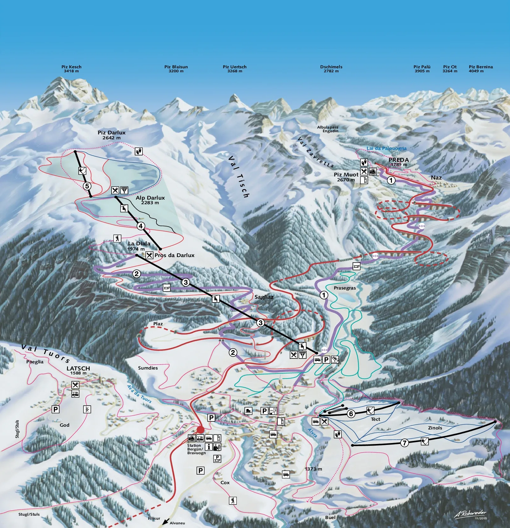 Pistenplan Bergün – Darlux 2025/26 – Übersichtskarte mit Pisten, Liften und Bergbahnen