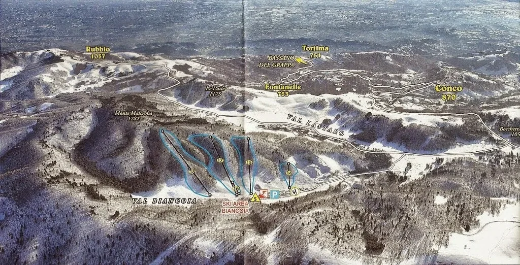 Pistenplan Biancoia (Asiago) 2025/26 – Übersichtskarte mit Pisten, Liften und Bergbahnen