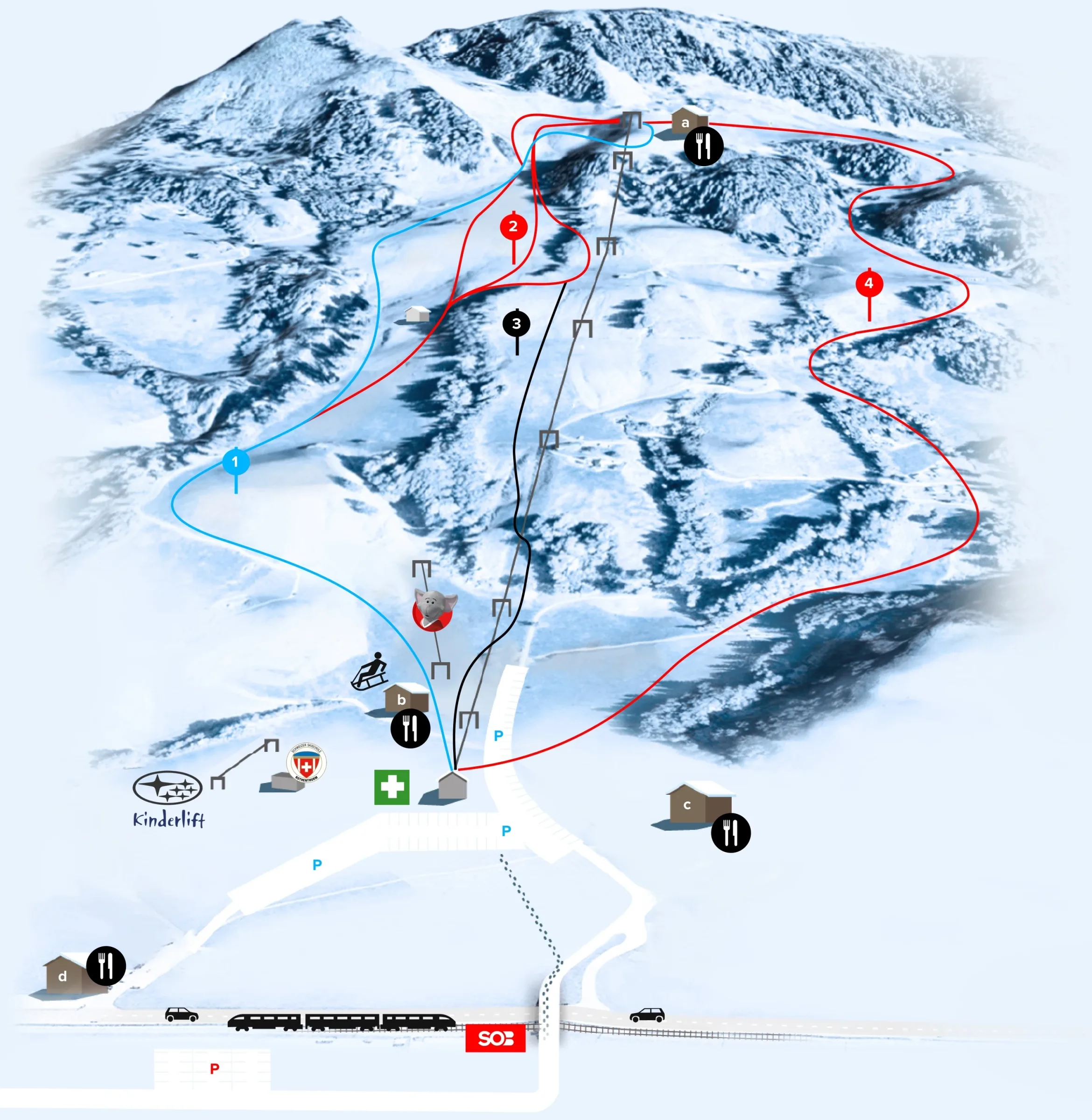 Pistenplan Biberegg-Neusell (Rothenthurm) 2025/26 – Übersichtskarte mit Pisten, Liften und Bergbahnen