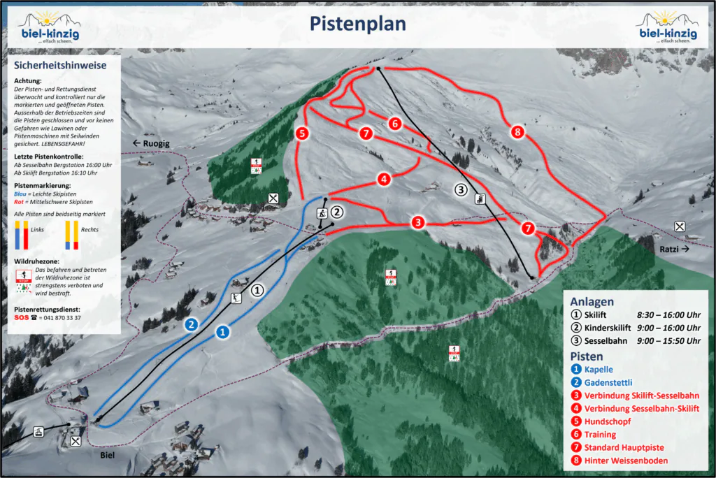 Pistenplan Biel-Kinzig 2025/26 – Übersichtskarte mit Pisten, Liften und Bergbahnen