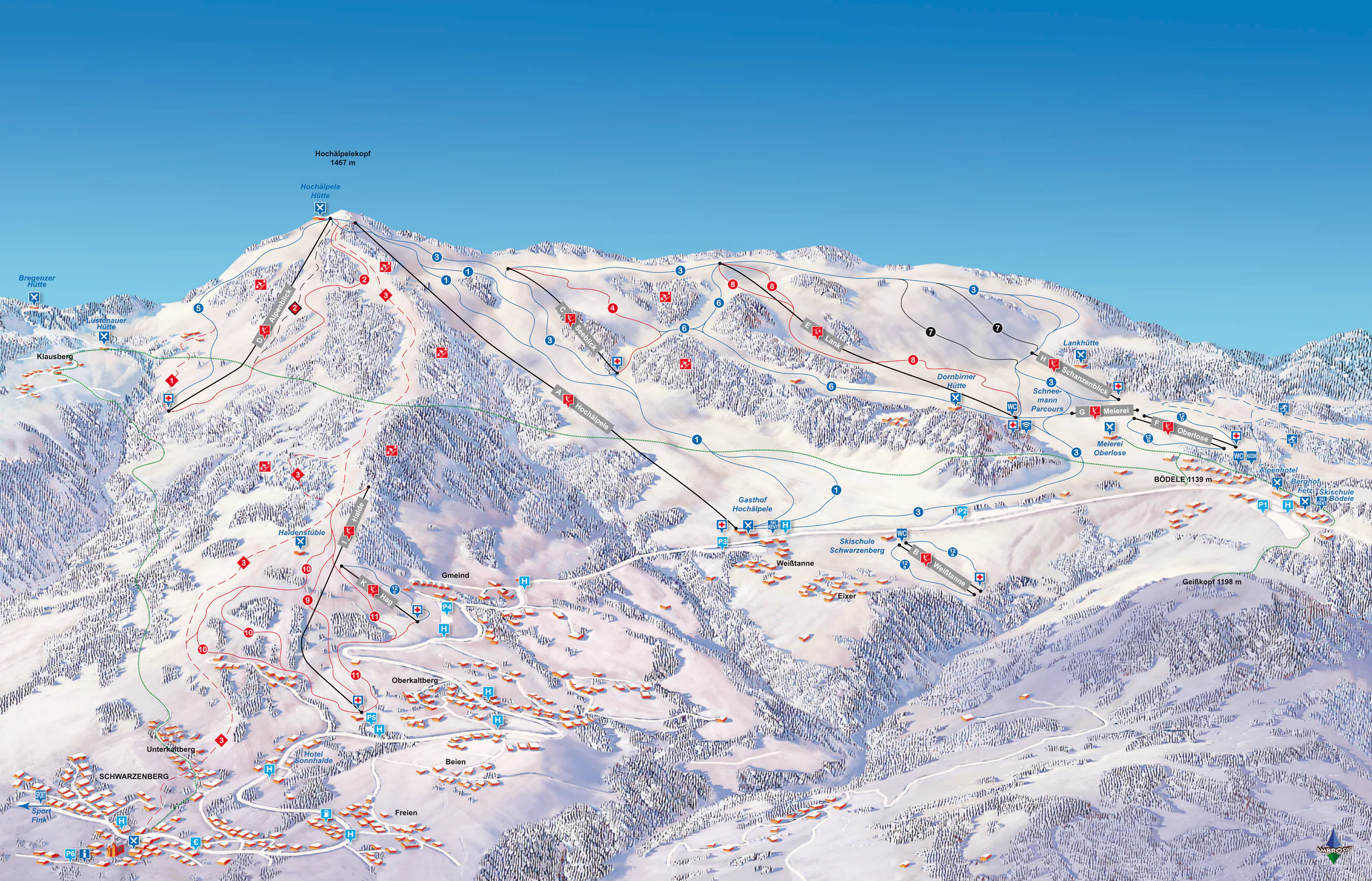 Pistenplan Bödele (Schwarzenberg) 2025/26 – Übersichtskarte mit Pisten, Liften und Bergbahnen