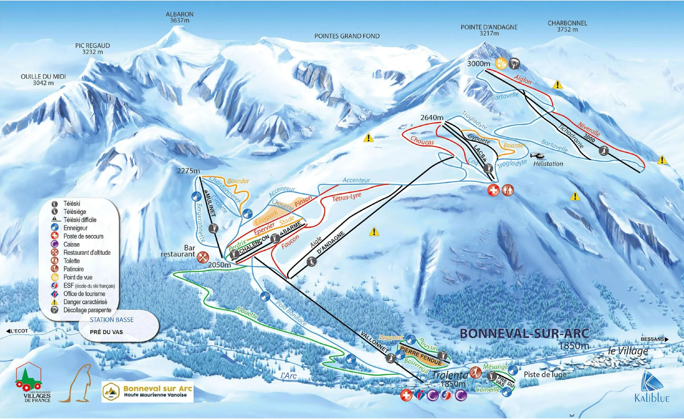 Pistenplan Bonneval-sur-Arc 2025/26 – Übersichtskarte mit Pisten, Liften und Bergbahnen