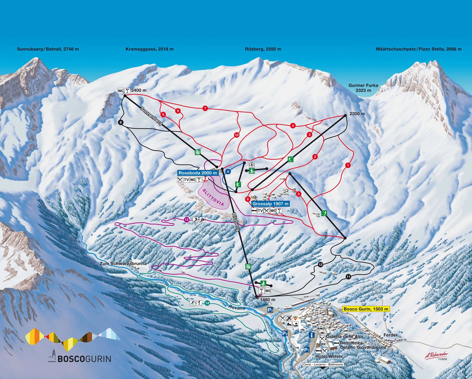Pistenplan Bosco Gurin 2025/26 – Übersichtskarte mit Pisten, Liften und Bergbahnen
