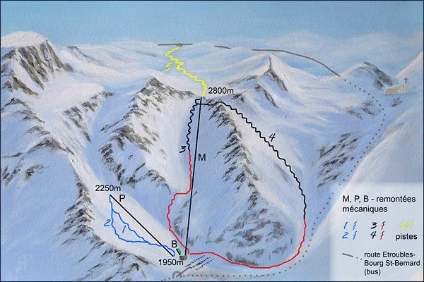 Pistenplan Bourg-Saint-Pierre 2025/26 – Übersichtskarte mit Pisten, Liften und Bergbahnen