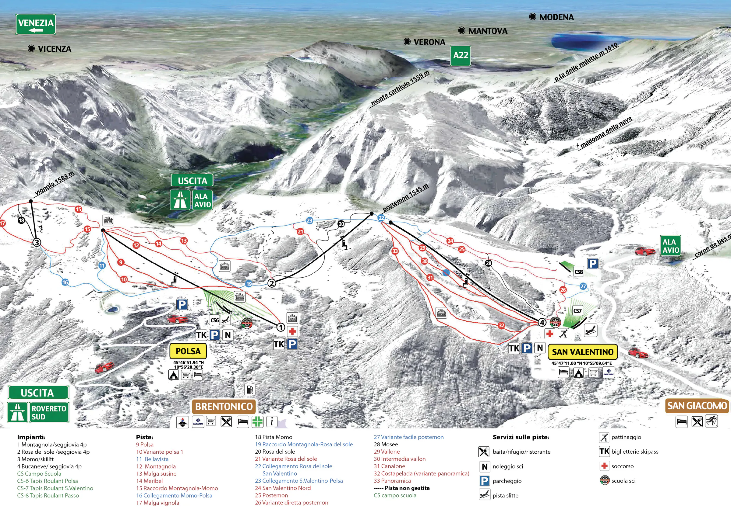 Pistenplan Brentonico (Polsa – San Valentino) 2025/26 – Übersichtskarte mit Pisten, Liften und Bergbahnen