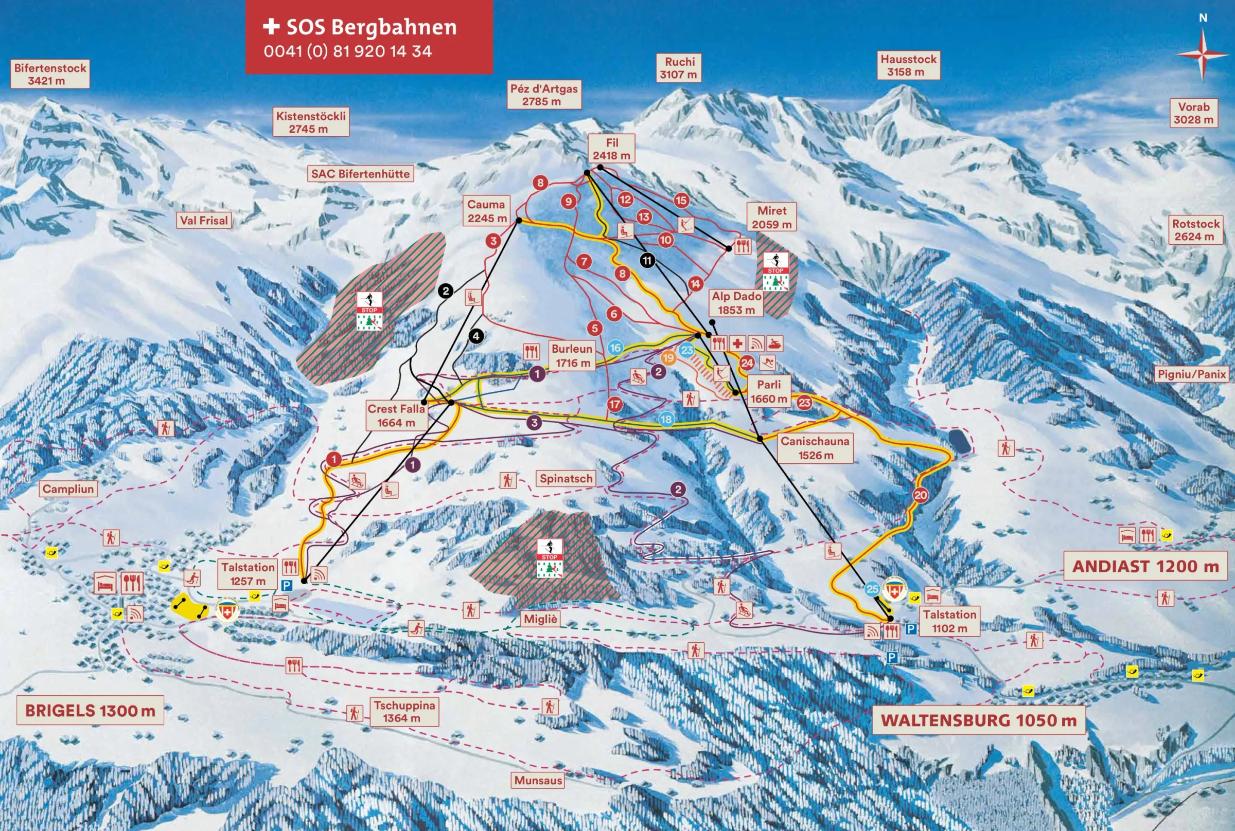 Pistenplan Brigels-Waltensburg-Andiast 2025/26 – Übersichtskarte mit Pisten, Liften und Bergbahnen