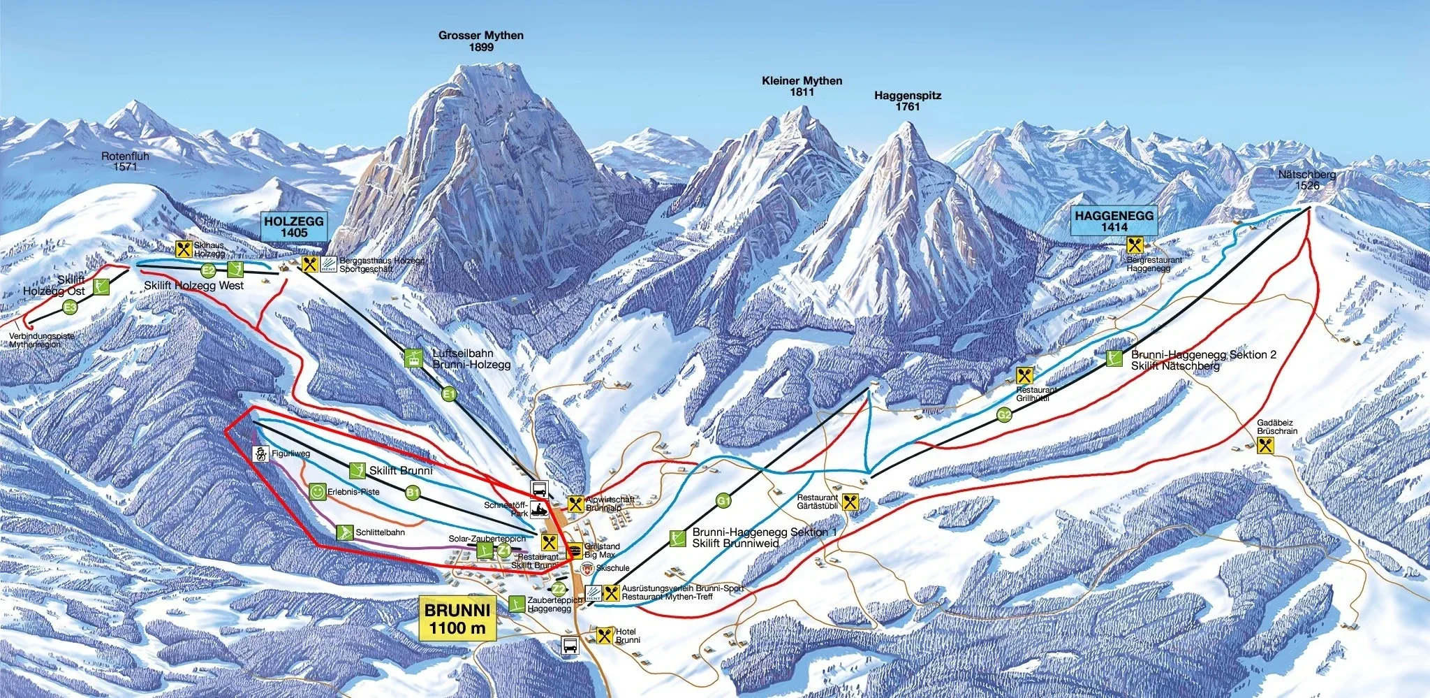 Pistenplan Brunni-Alpthal (Holzegg/Rotenflue) 2025/26 – Übersichtskarte mit Pisten, Liften und Bergbahnen