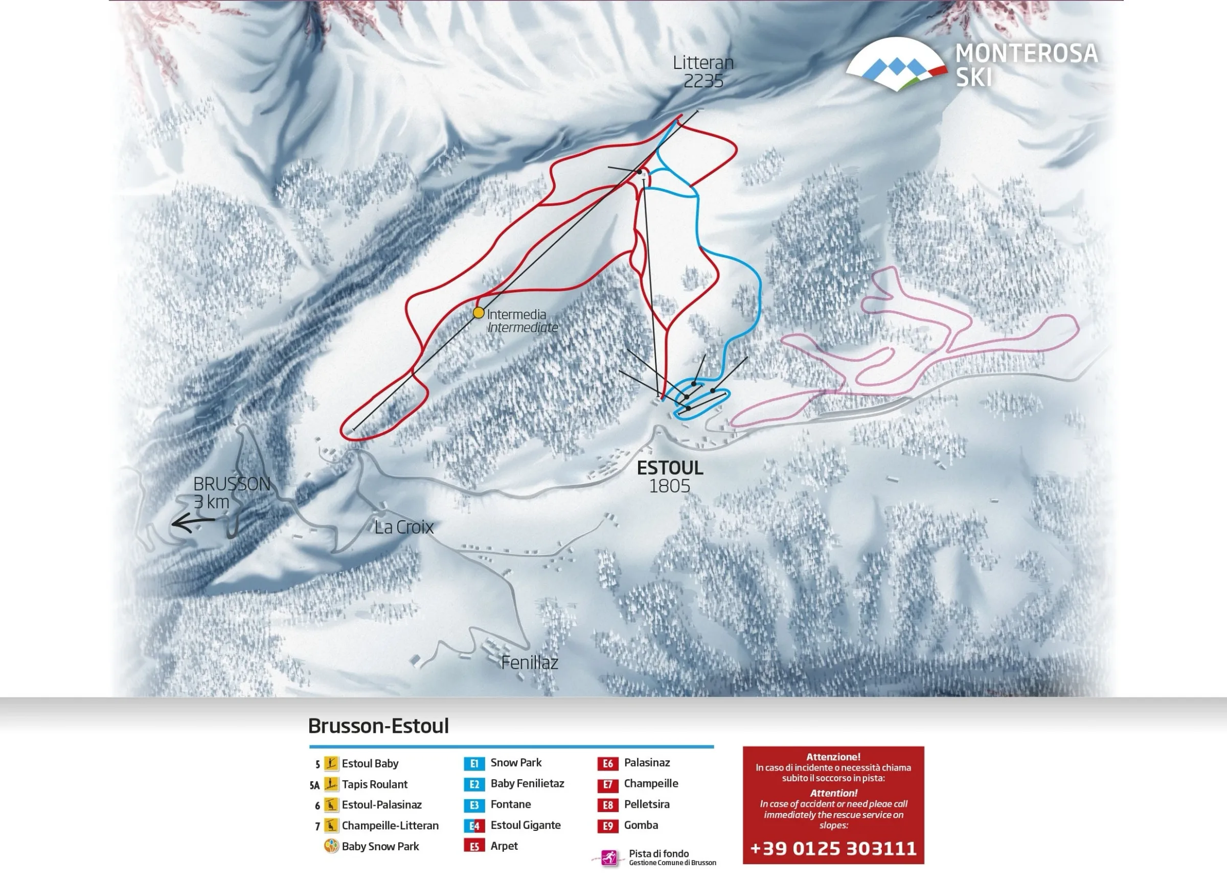 Pistenplan Brusson 2025/26 – Übersichtskarte mit Pisten, Liften und Bergbahnen