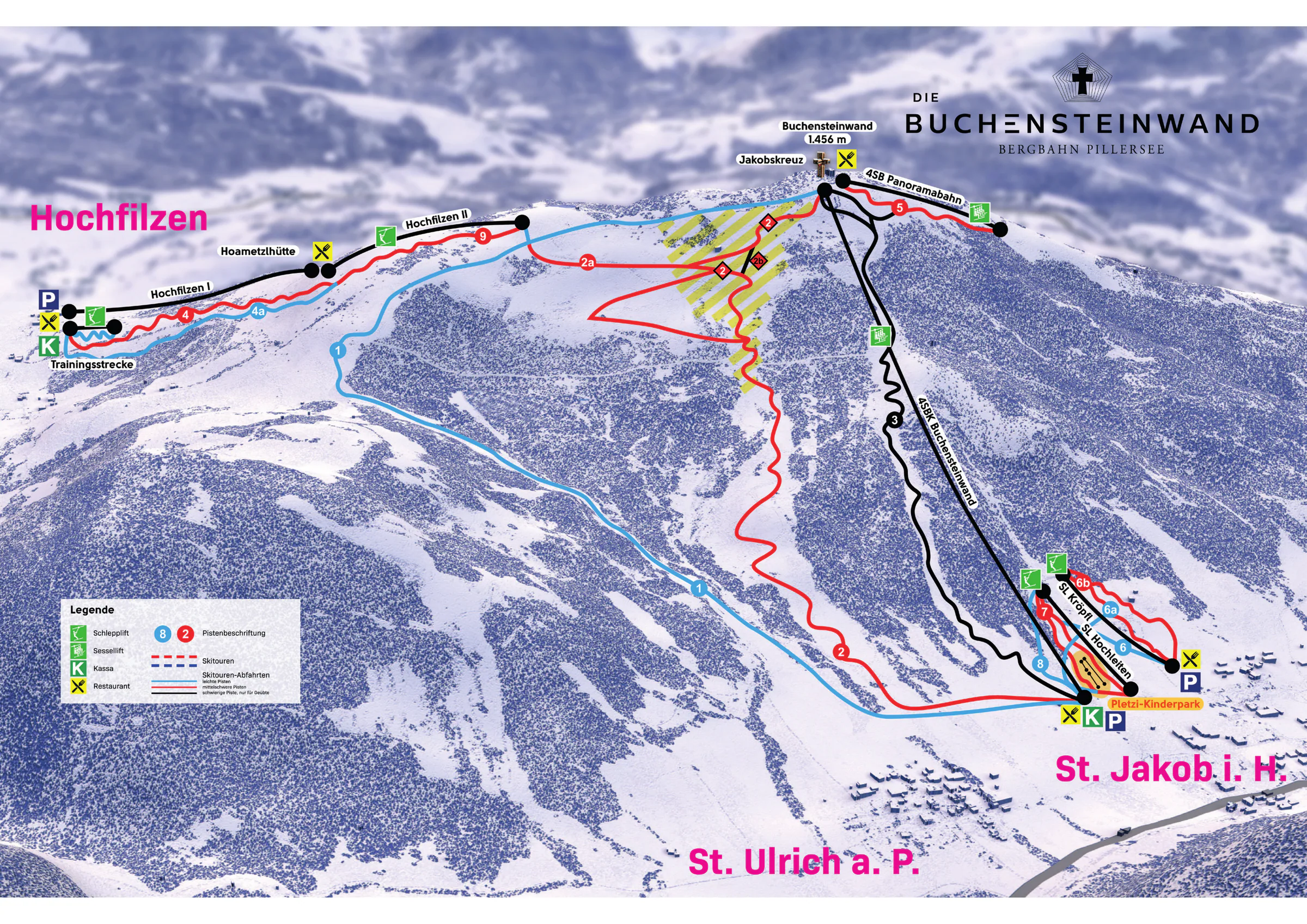 Pistenplan Buchensteinwand (PillerseeTal) 2023/24 – Übersichtskarte mit Pisten, Liften und Bergbahnen