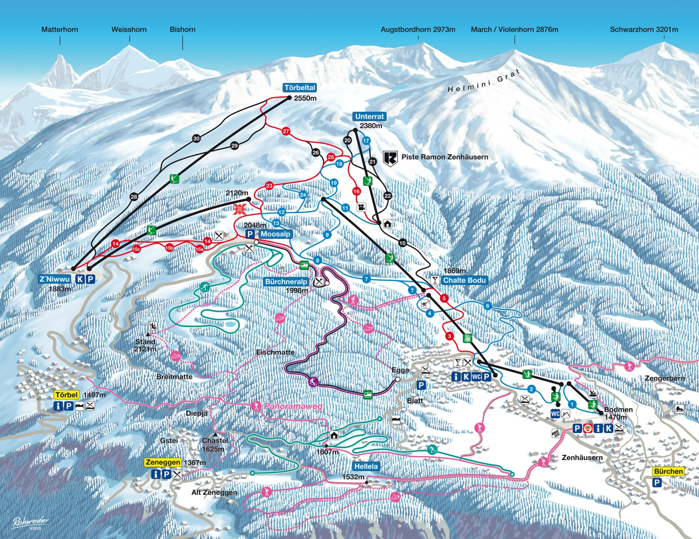 Pistenplan Bürchen – Törbel (Moosalp) 2025/26 – Übersichtskarte mit Pisten, Liften und Bergbahnen