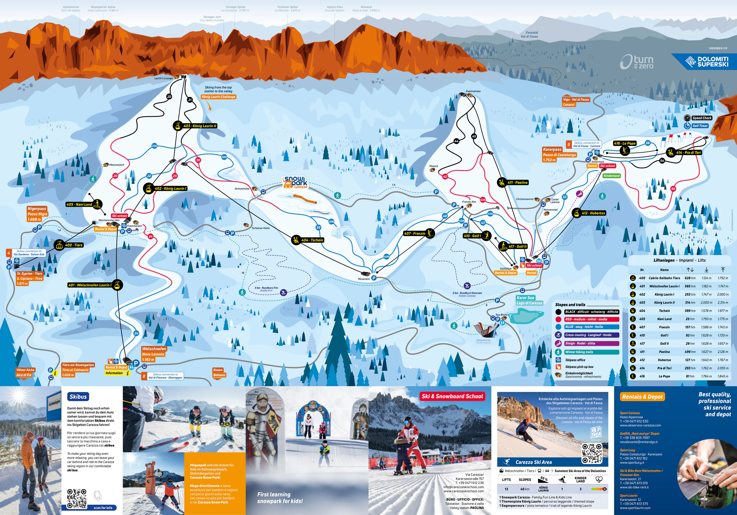 Pistenplan Karersee (Carezza) 2025/26 – Übersichtskarte mit Pisten, Liften und Bergbahnen