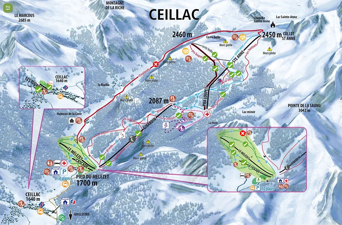 Pistenplan Ceillac 2025/26 – Übersichtskarte mit Pisten, Liften und Bergbahnen