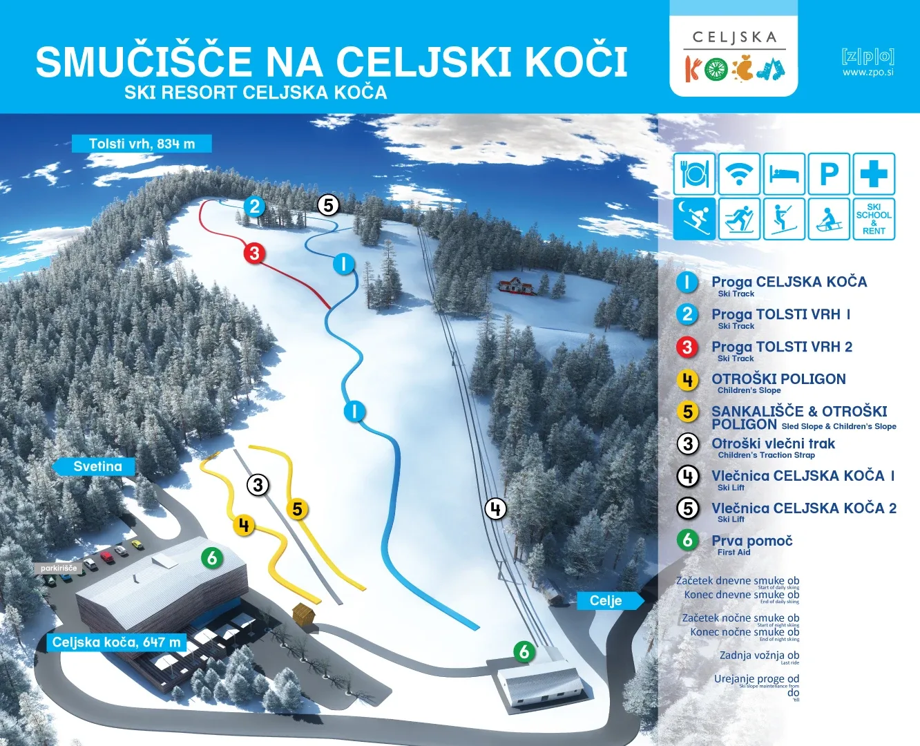 Pistenplan Celjska Koča 2025/26 – Übersichtskarte mit Pisten, Liften und Bergbahnen