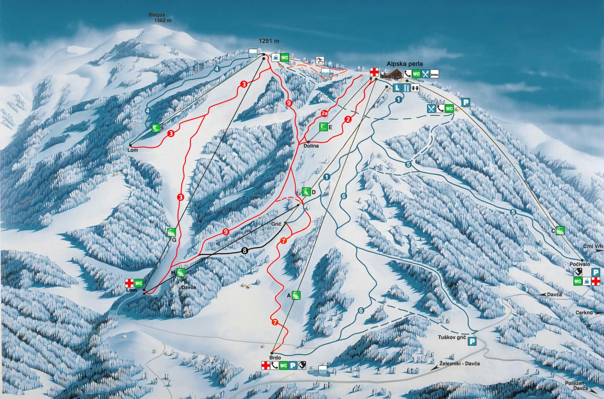 Pistenplan Cerkno 2025/26 – Übersichtskarte mit Pisten, Liften und Bergbahnen