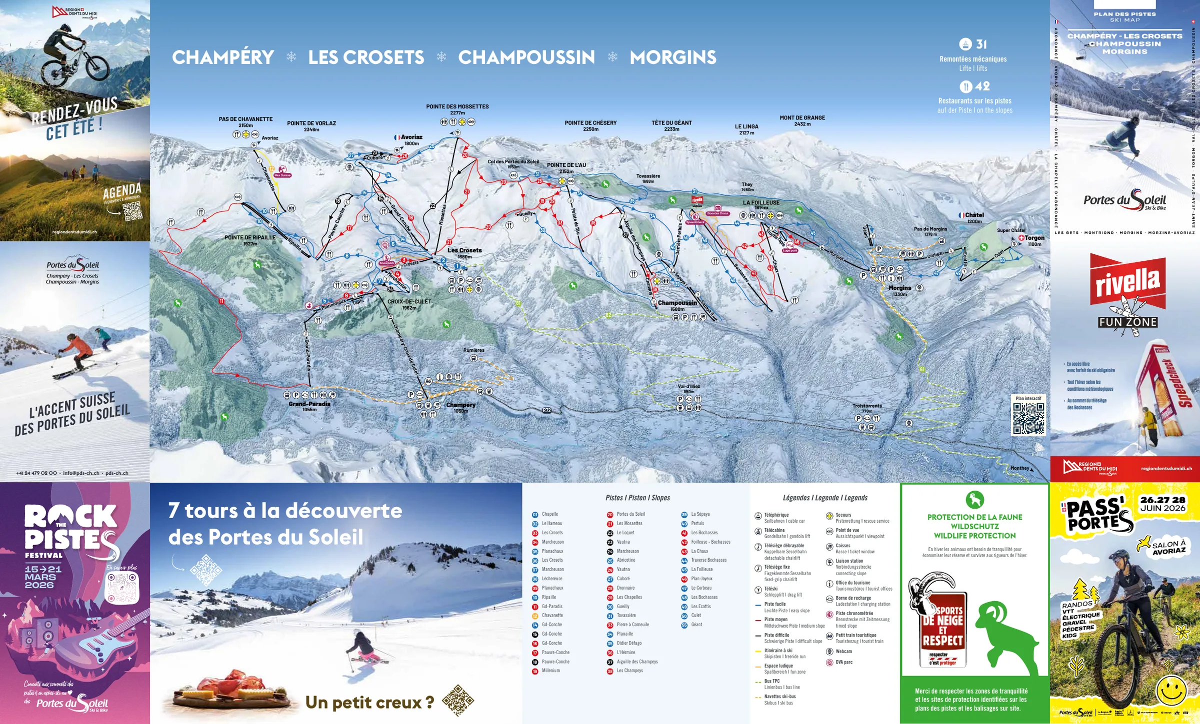Pistenplan Champéry – Les Crosets – Champoussin – Morgins 2025/26 – Übersichtskarte mit Pisten, Liften und Bergbahnen