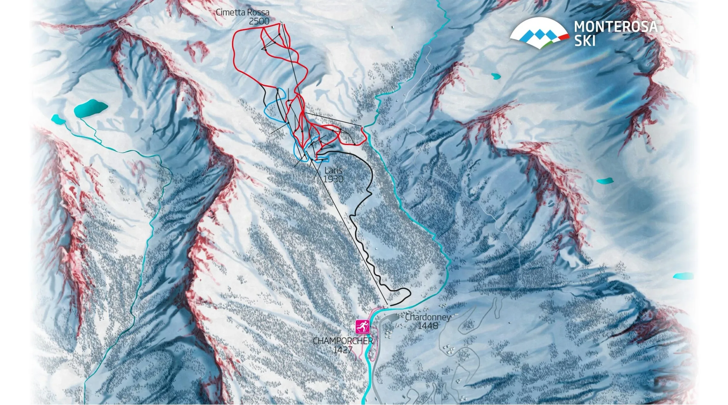 Pistenplan Champorcher 2025/26 – Übersichtskarte mit Pisten, Liften und Bergbahnen