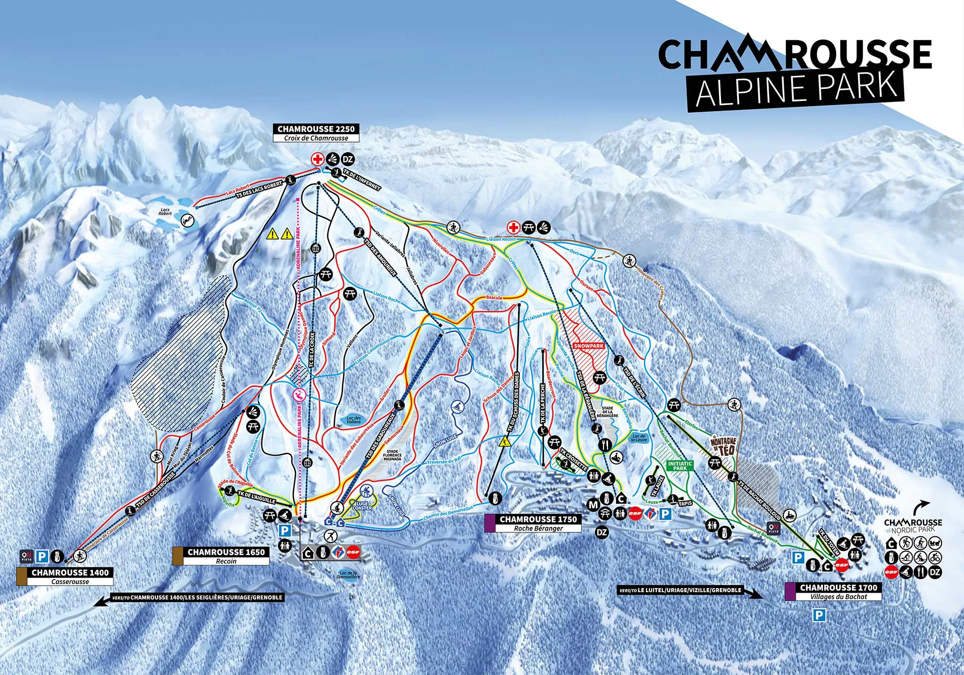 Pistenplan Chamrousse 2025/26 – Übersichtskarte mit Pisten, Liften und Bergbahnen