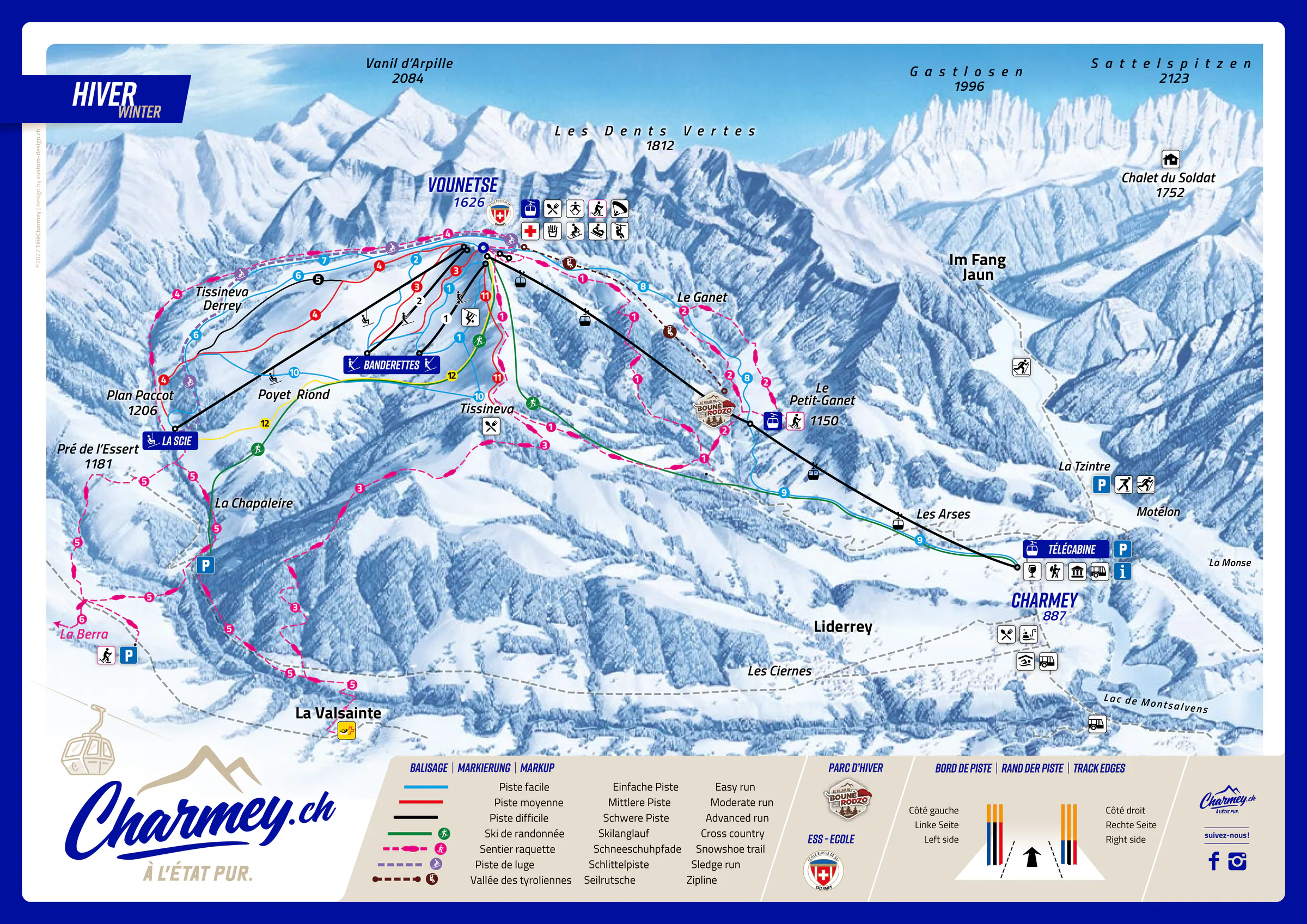 Pistenplan Charmey 2025/26 – Übersichtskarte mit Pisten, Liften und Bergbahnen