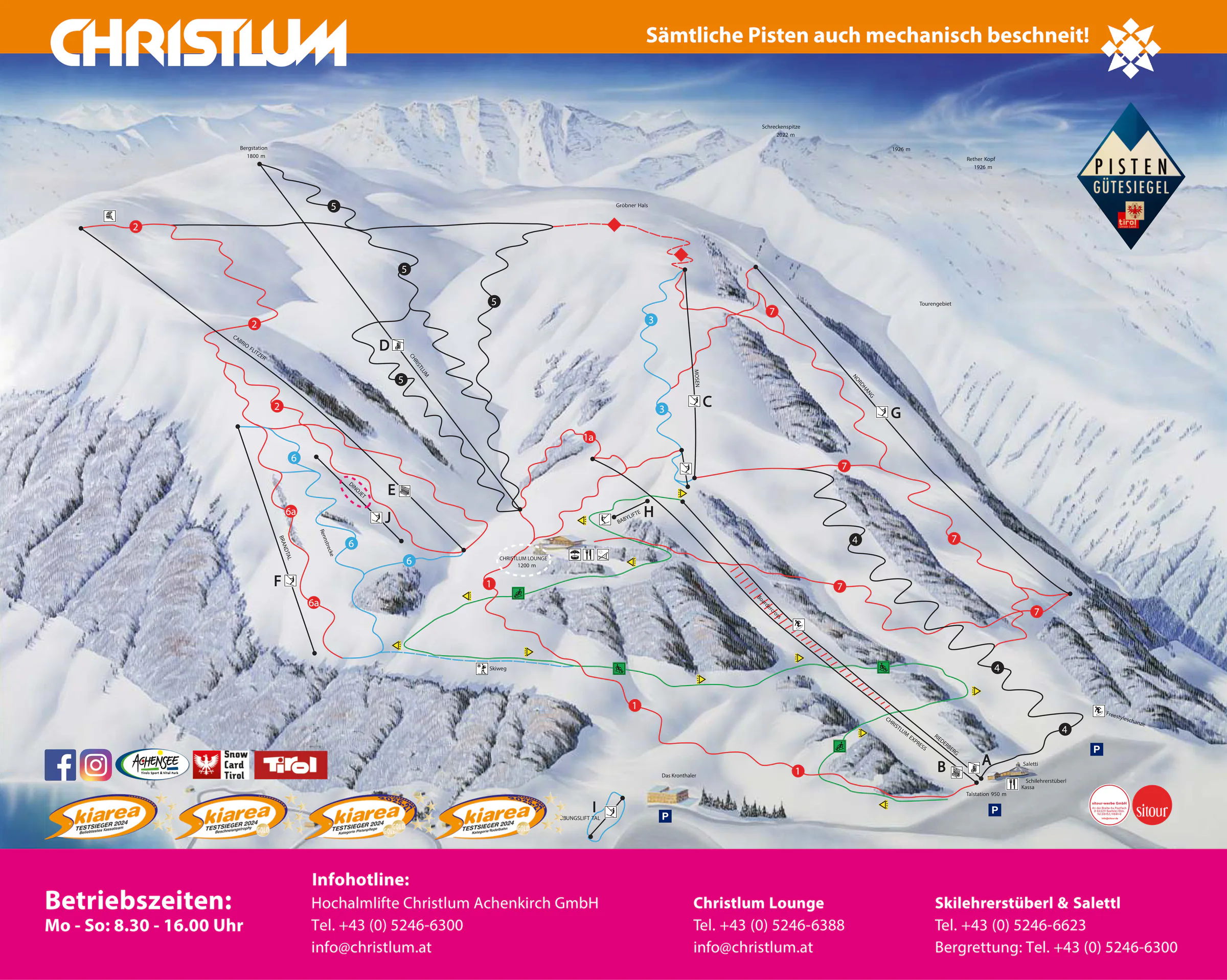 Pistenplan Christlum (Achenkirch) 2024/25 – Übersichtskarte mit Pisten, Liften und Bergbahnen