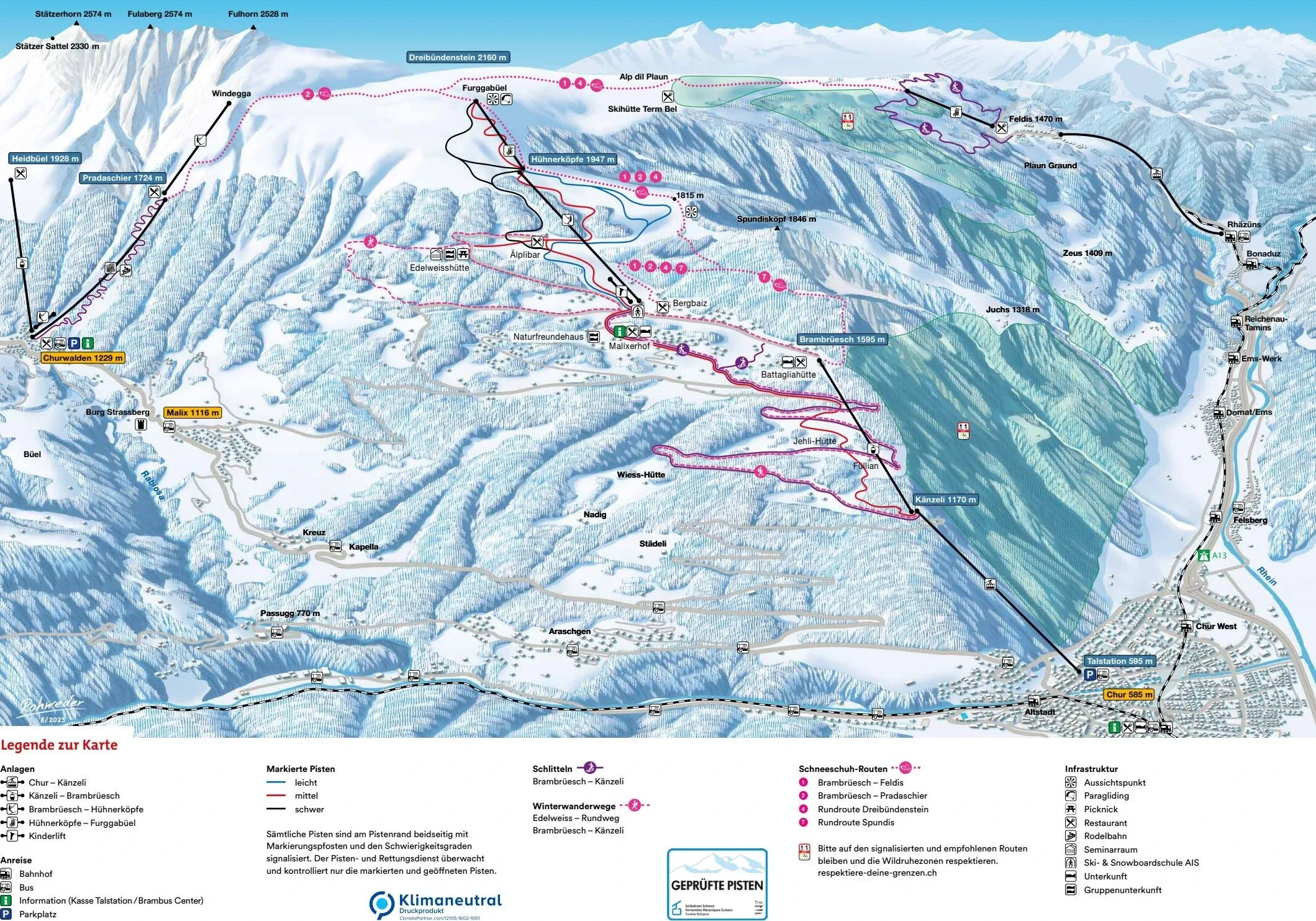 Pistenplan Chur – Brambrüesch 2025/26 – Übersichtskarte mit Pisten, Liften und Bergbahnen