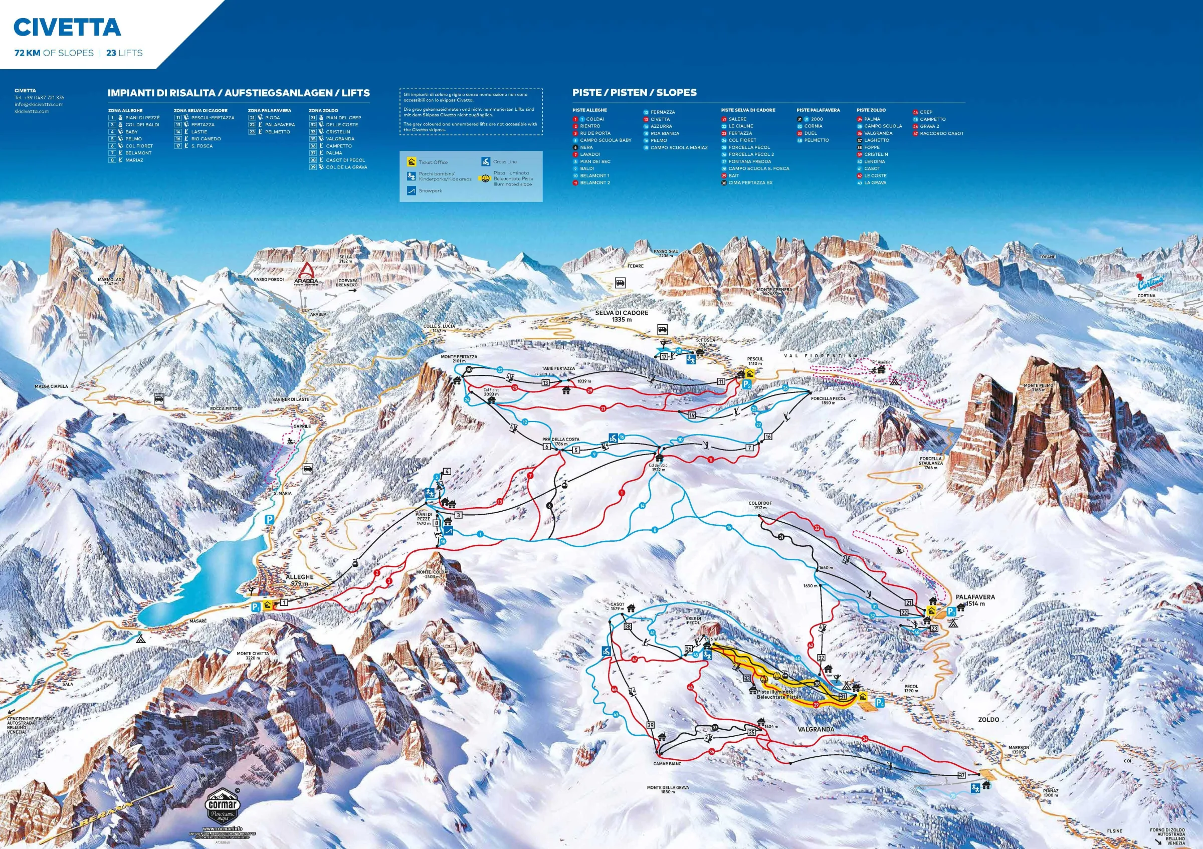 Pistenplan Civetta 2025/26 – Übersichtskarte mit Pisten, Liften und Bergbahnen
