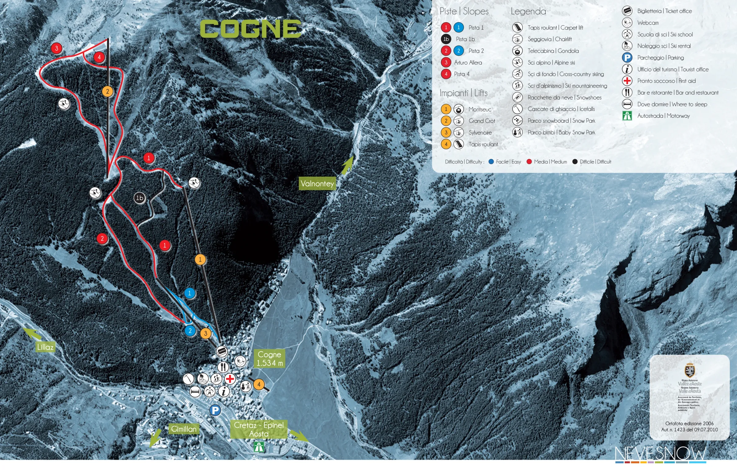 Pistenplan Cogne 2025/26 – Übersichtskarte mit Pisten, Liften und Bergbahnen