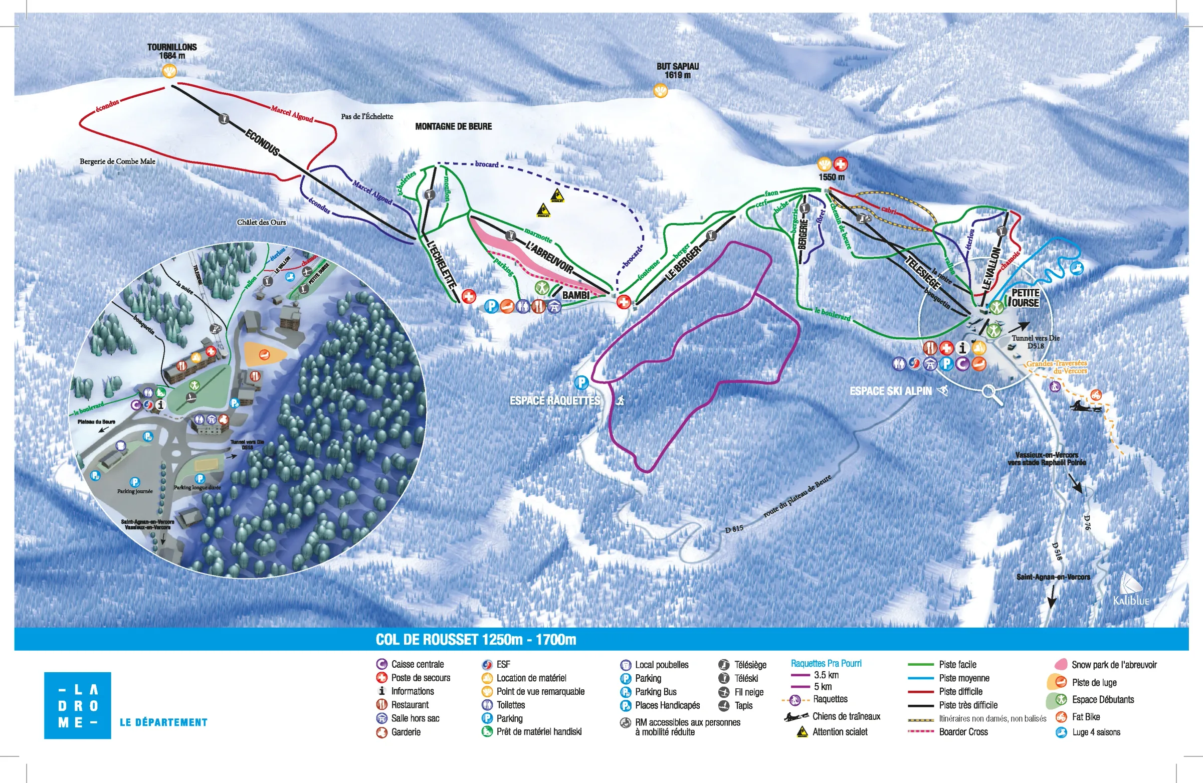 Pistenplan Station du Col de Rousset 2025/26 – Übersichtskarte mit Pisten, Liften und Bergbahnen