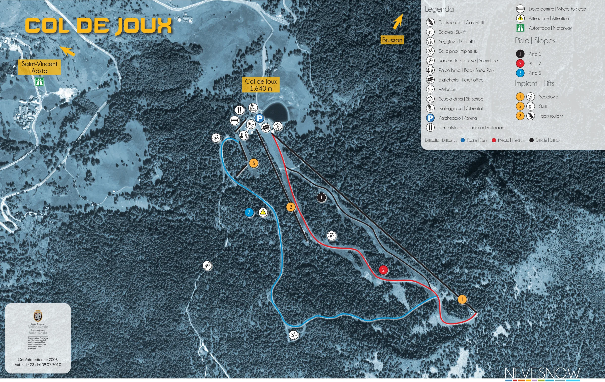 Pistenplan Colle di Joux 2025/26 – Übersichtskarte mit Pisten, Liften und Bergbahnen