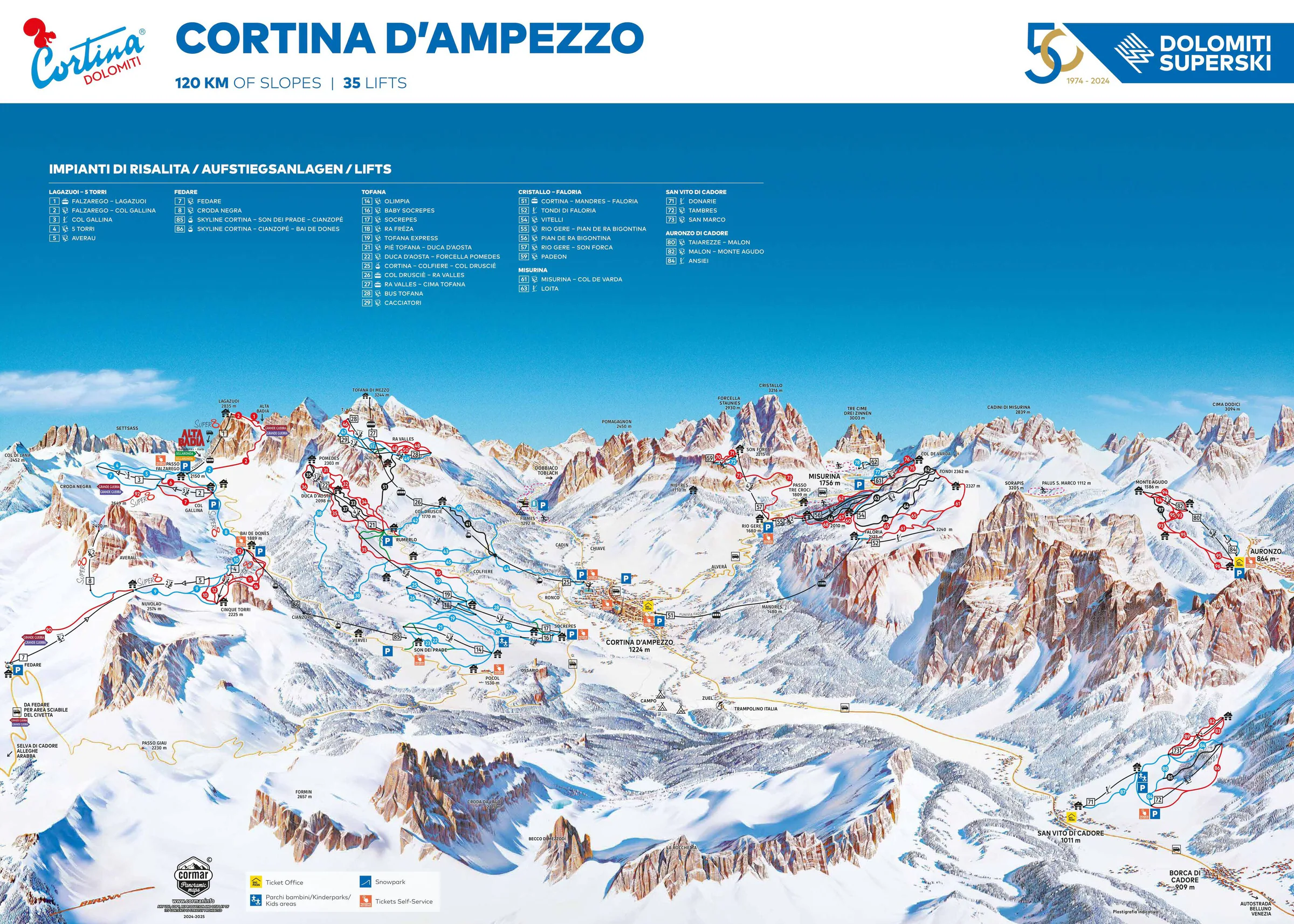 Pistenplan Cortina d'Ampezzo 2024/25 – Übersichtskarte mit Pisten, Liften und Bergbahnen
