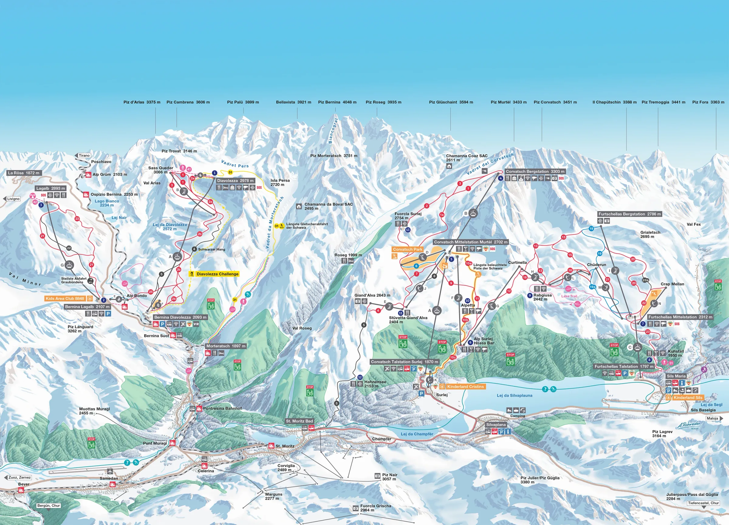 Pistenplan Corvatsch – Furtschellas 2025/26 – Übersichtskarte mit Pisten, Liften und Bergbahnen