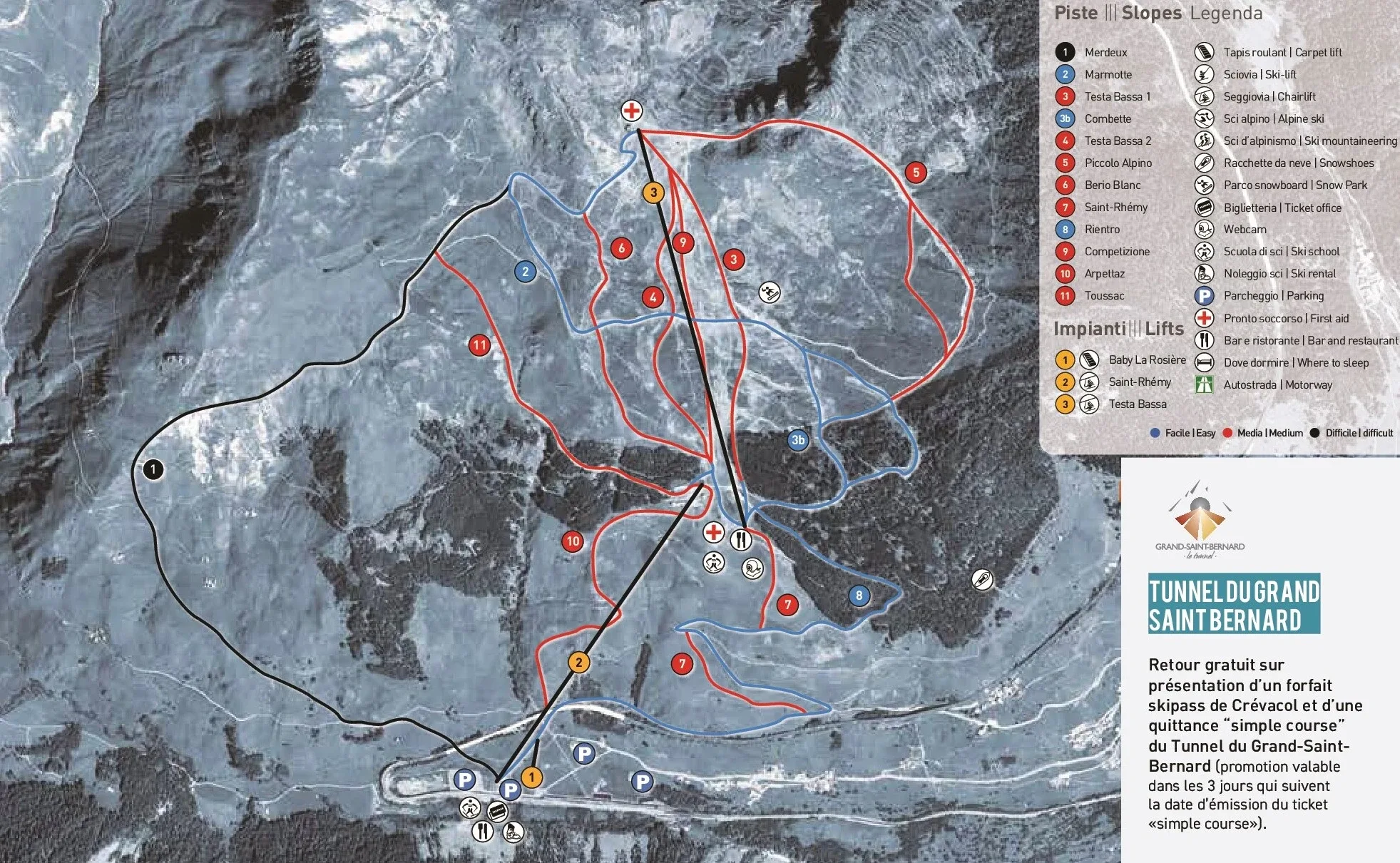 Pistenplan Crévacol 2025/26 – Übersichtskarte mit Pisten, Liften und Bergbahnen