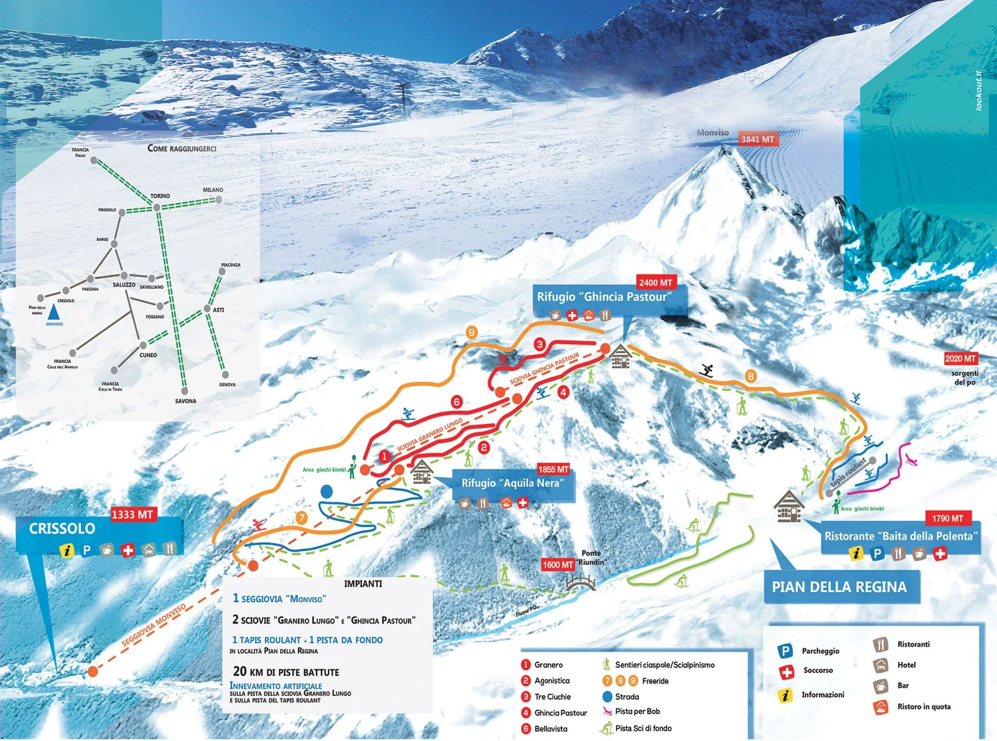 Pistenplan Crissolo - Monviso Ski 2025/26 – Übersichtskarte mit Pisten, Liften und Bergbahnen