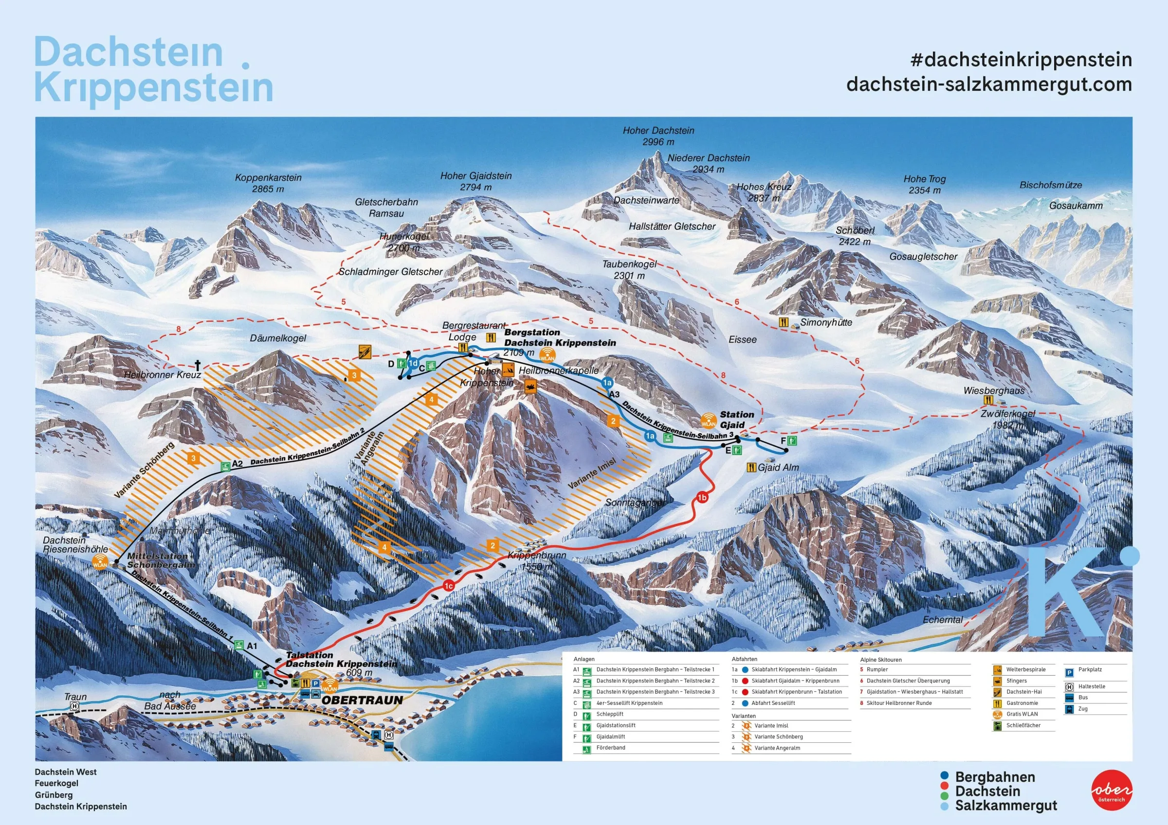 Pistenplan Dachstein Krippenstein (Obertraun) 2025/26 – Übersichtskarte mit Pisten, Liften und Bergbahnen