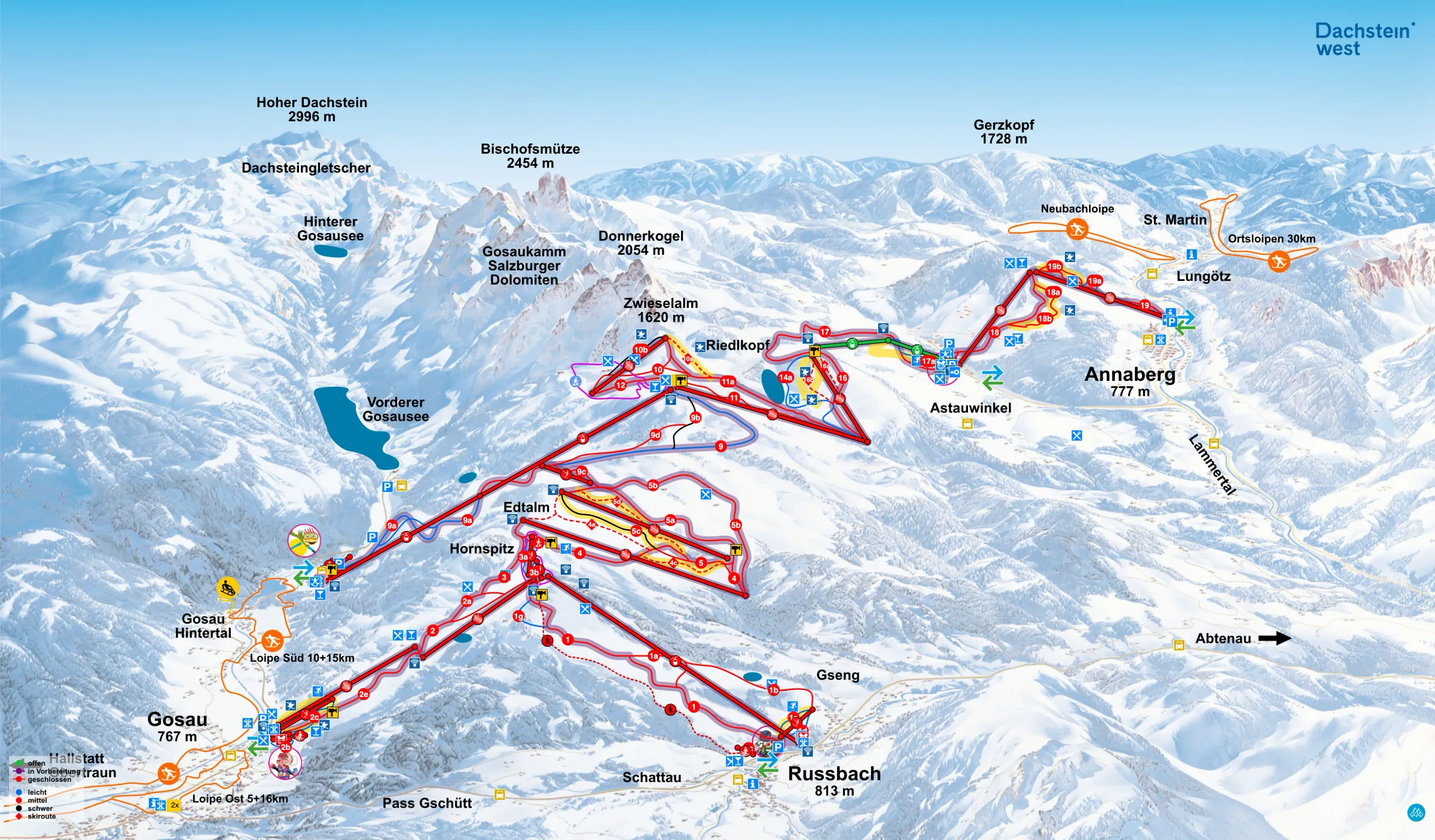 Pistenplan Dachstein West (Gosau, Russbach, Annaberg) 2025/26 – Übersichtskarte mit Pisten, Liften und Bergbahnen
