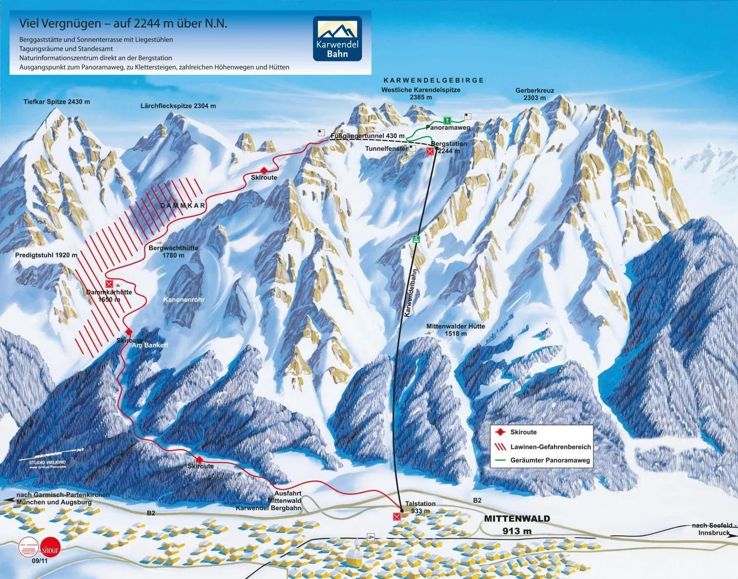 Pistenplan Dammkar (Karwendelbahn Mittenwald) 2025/26 – Übersichtskarte mit Pisten, Liften und Bergbahnen