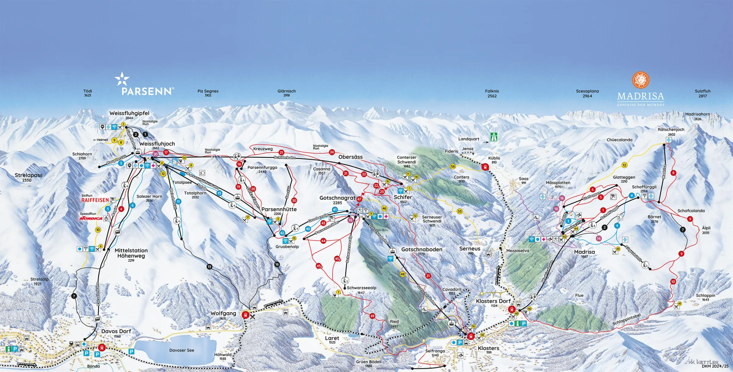 Pistenplan Davos Klosters – Parsenn/Gotschna 2025/26 – Übersichtskarte mit Pisten, Liften und Bergbahnen