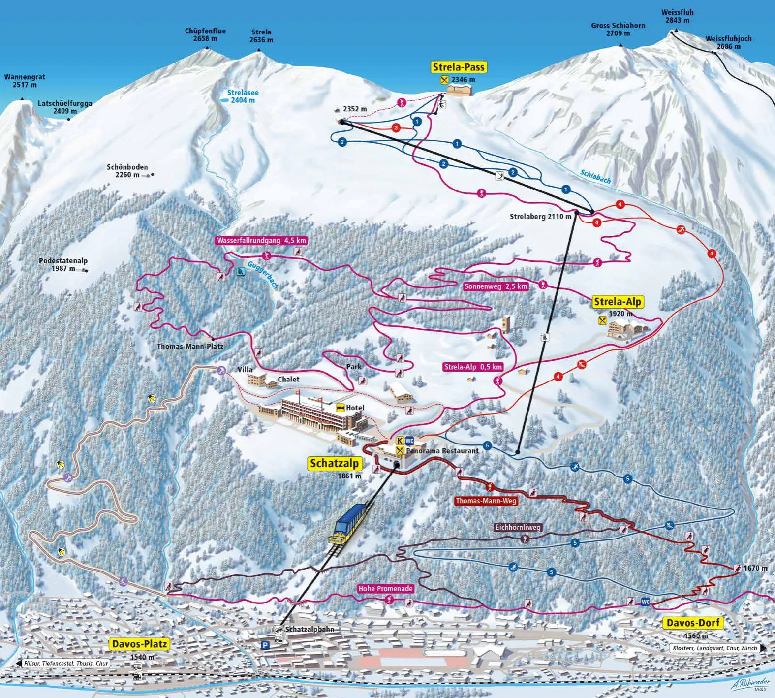 Pistenplan Davos – Schatzalp/Strela 2026/27 – Übersichtskarte mit Pisten, Liften und Bergbahnen
