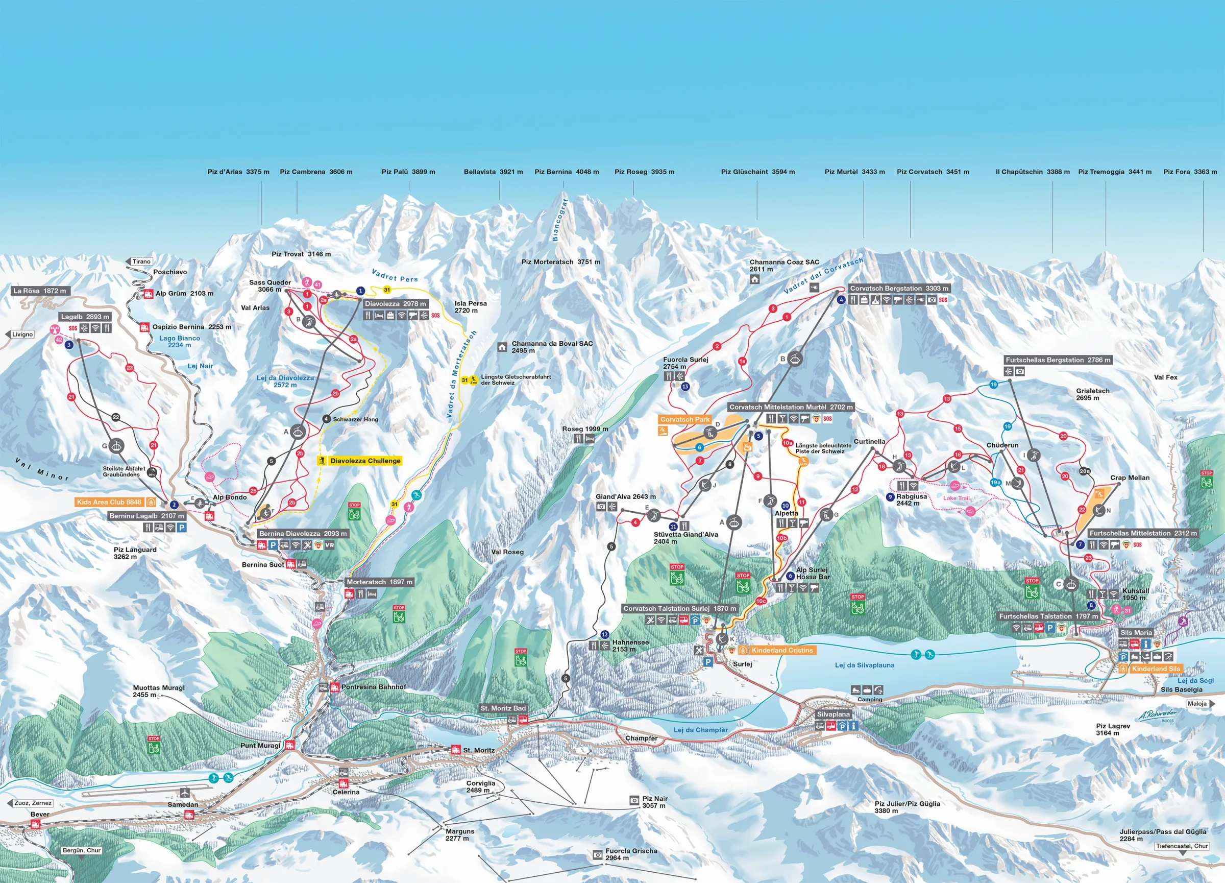 Pistenplan Diavolezza – Lagalb 2025/26 – Übersichtskarte mit Pisten, Liften und Bergbahnen
